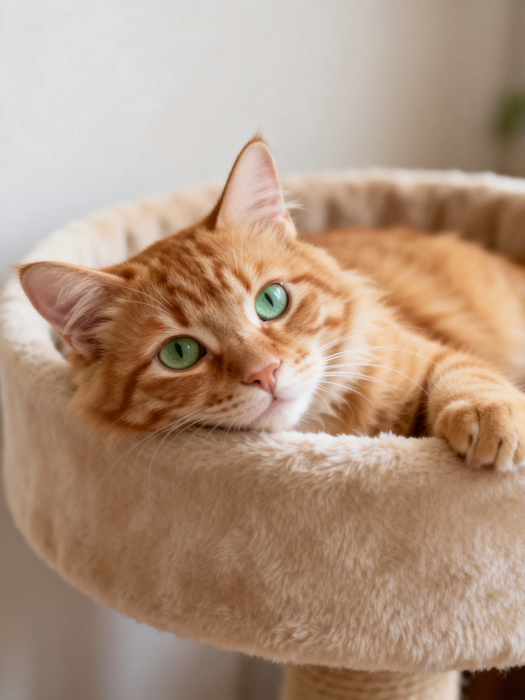 Orange tabby cat resting in plush beige pet bed