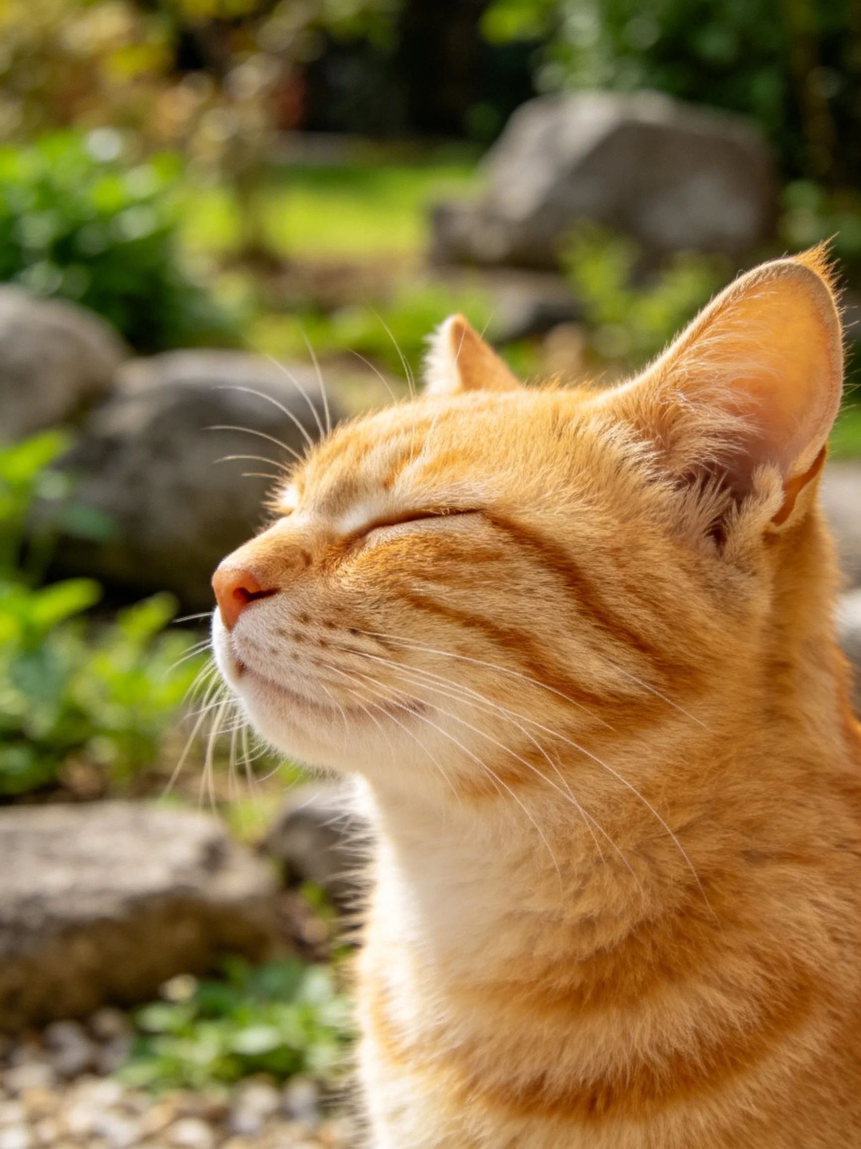 An orange tabby cat relaxes with closed eyes in a natural outdoor setting.