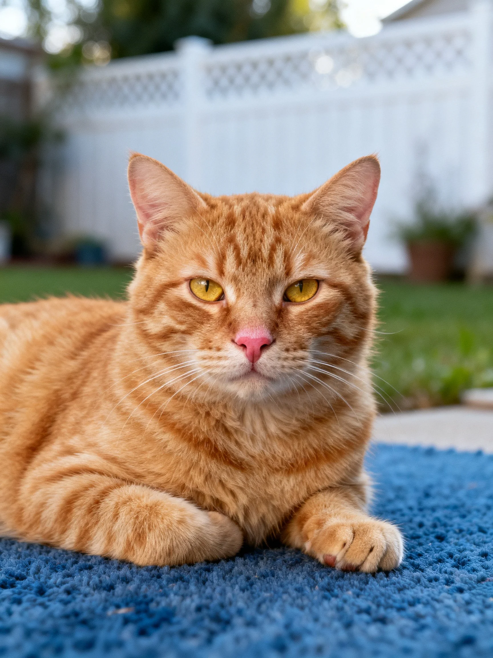 An orange tabby cat rests on a blue rug in a backyard with a white fence.