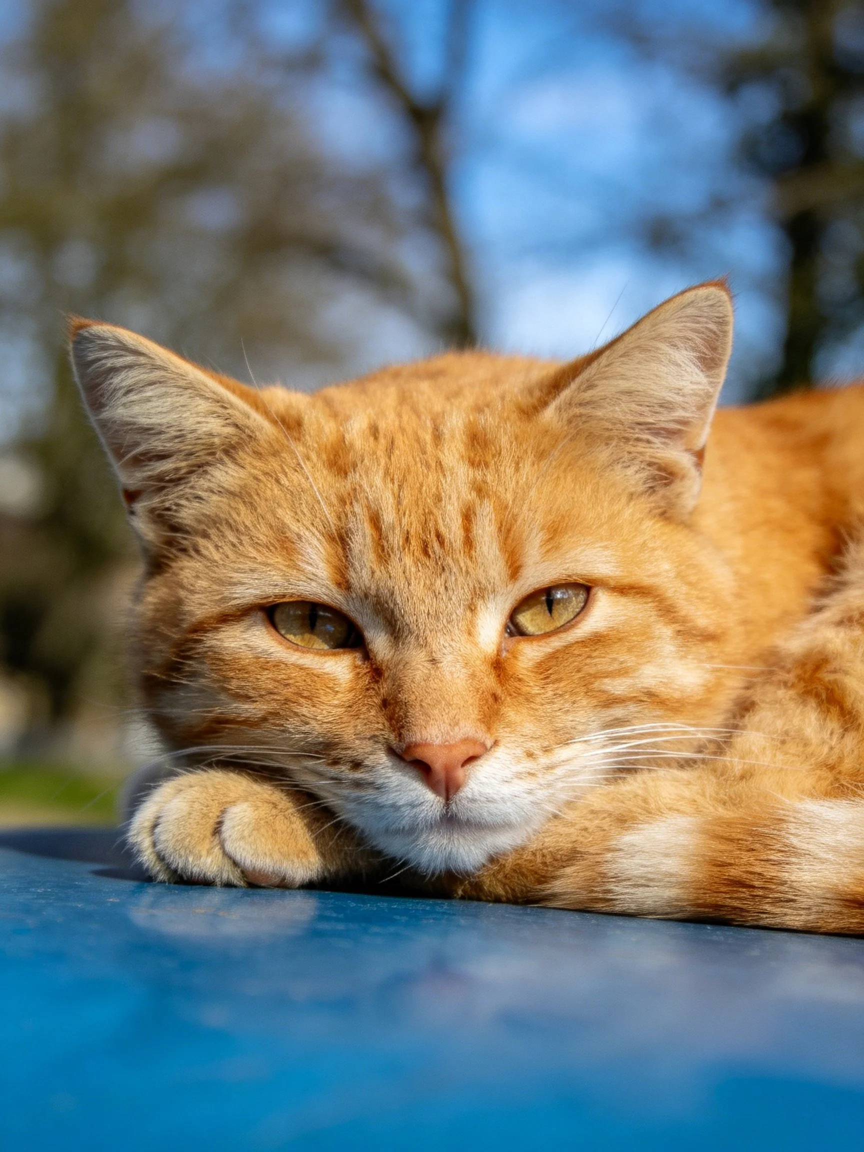 An orange tabby cat rests on a blue surface in an outdoor setting.