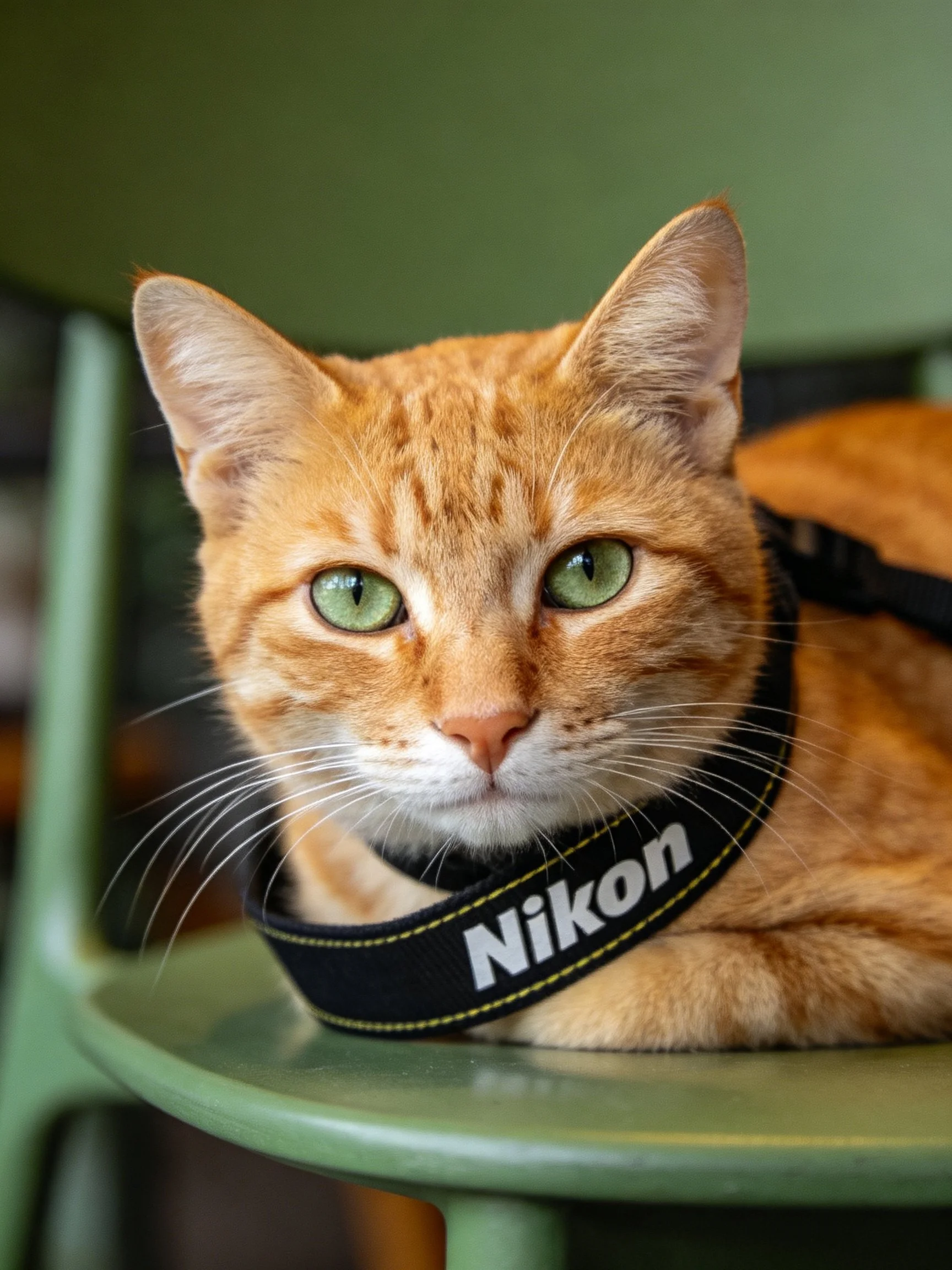 An orange tabby cat sits on a green chair with a Nikon camera strap around its neck.