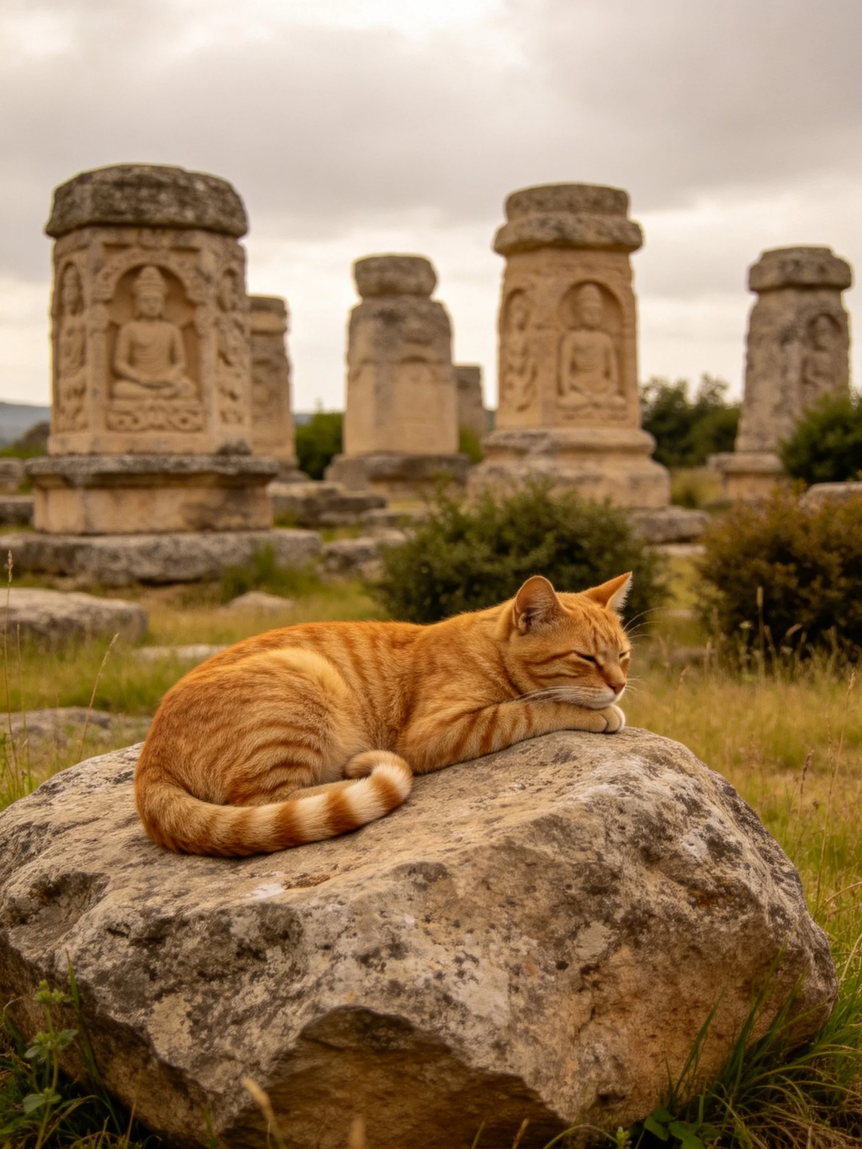 Orange tabby cat resting on rock near ancient stone columns