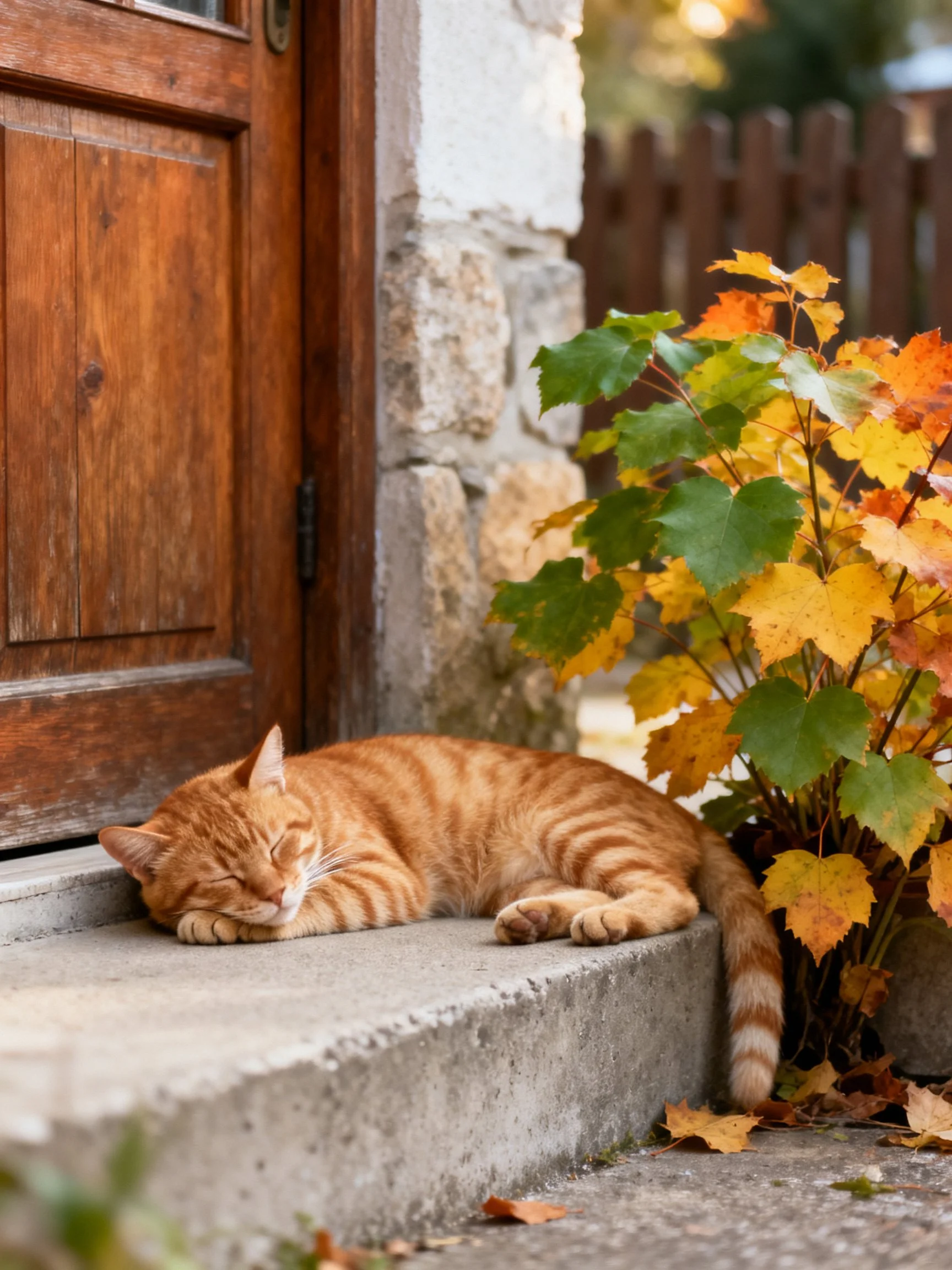 An orange tabby cat rests on a stone doorstep near a wooden door with autumn foliage.