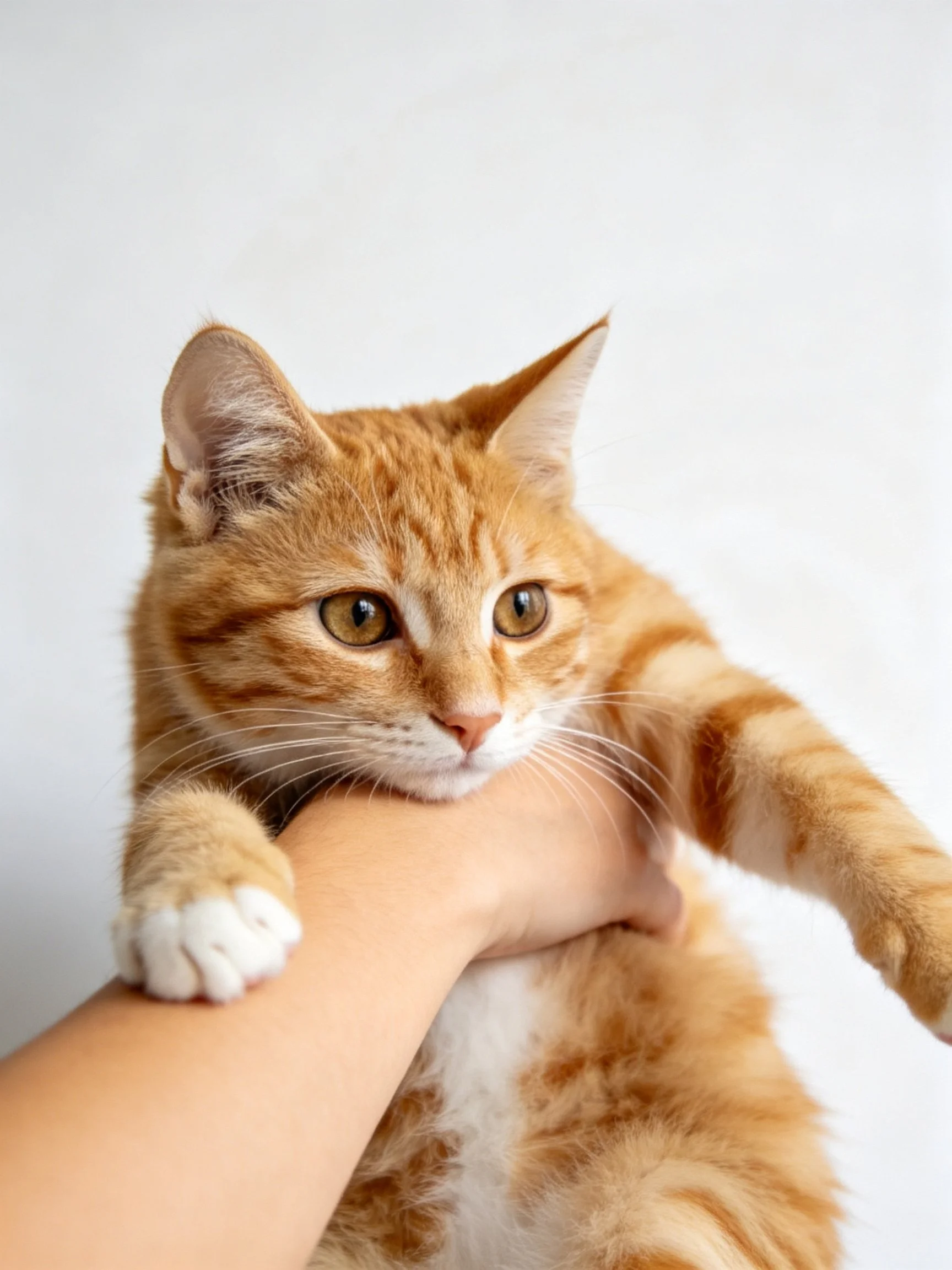 Orange tabby cat rests on human hand with white background