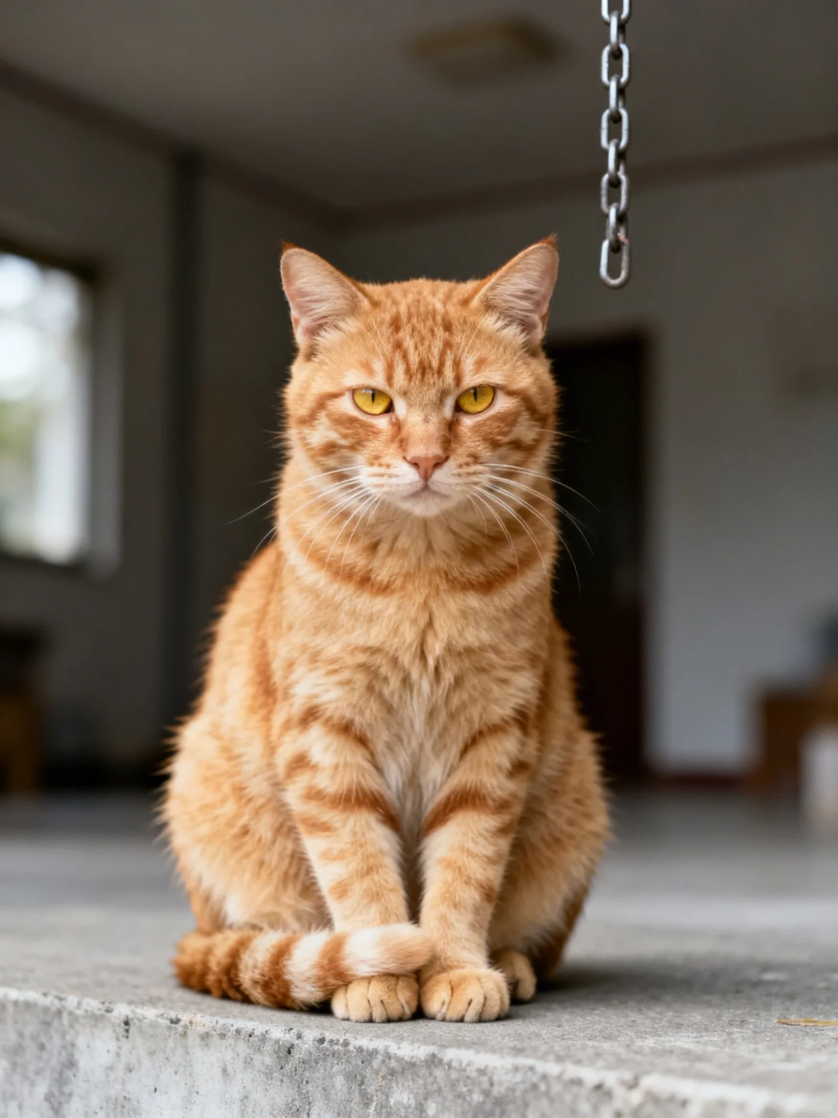 Orange tabby cat sits on concrete ledge near hanging metal chain
