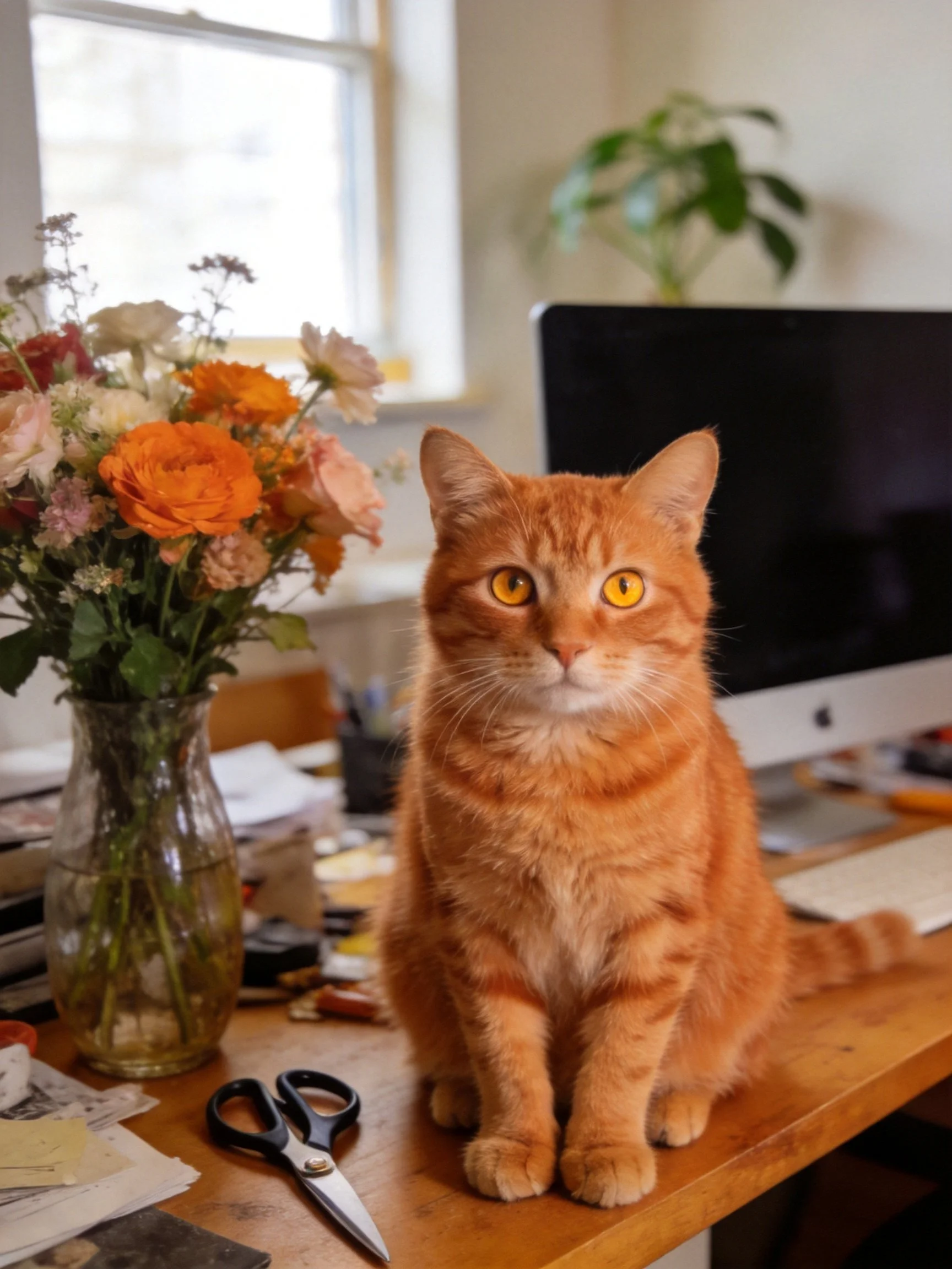 Orange tabby cat sits on desk with flowers and office items