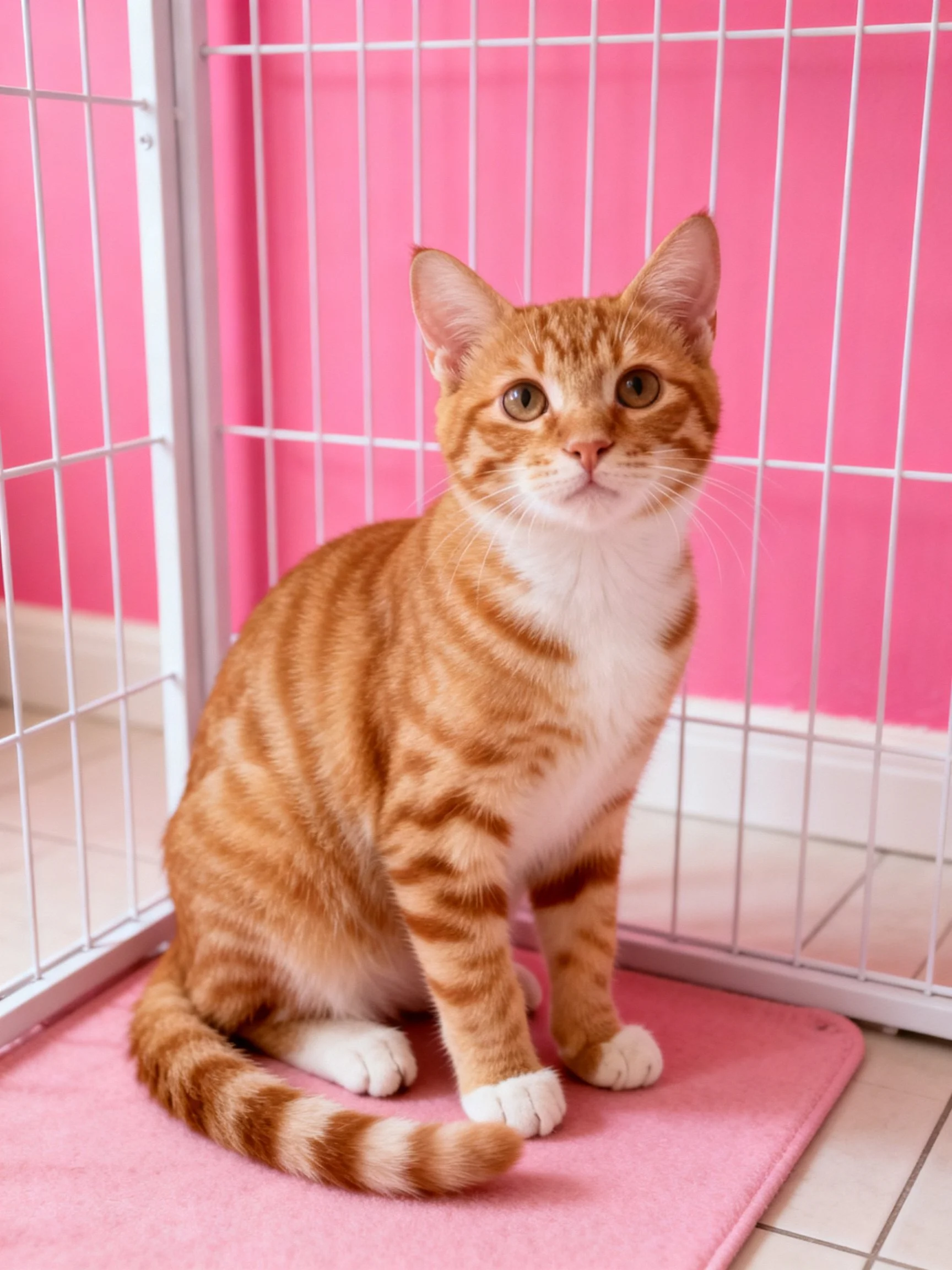 An orange tabby cat sits calmly in a pink cage.