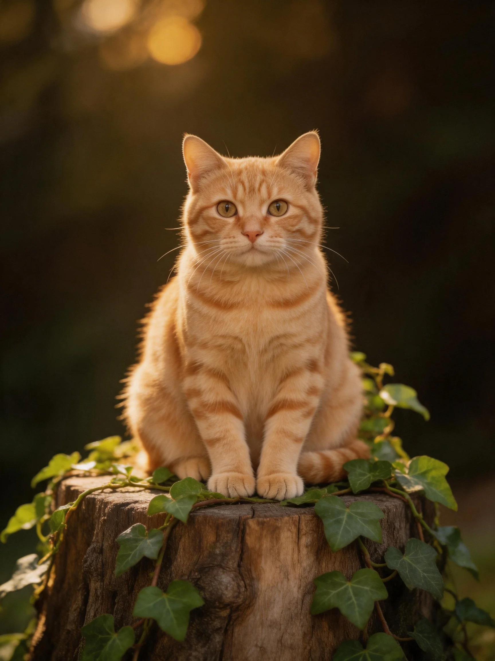 An orange tabby cat sits on a vine-covered tree stump in a softly lit outdoor setting.
