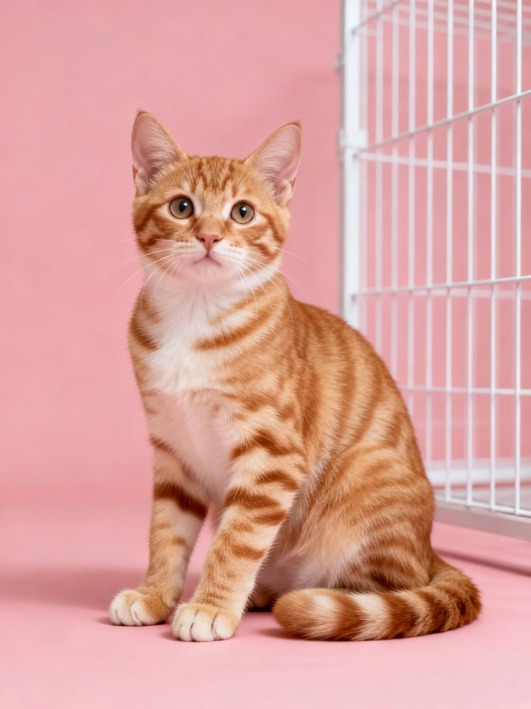 An orange tabby cat sits calmly next to a white cage on a pink surface.
