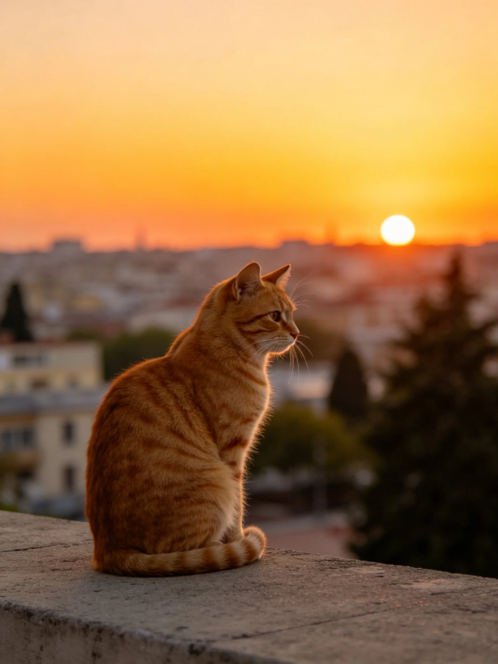 Orange tabby cat sitting on stone ledge during golden sunset