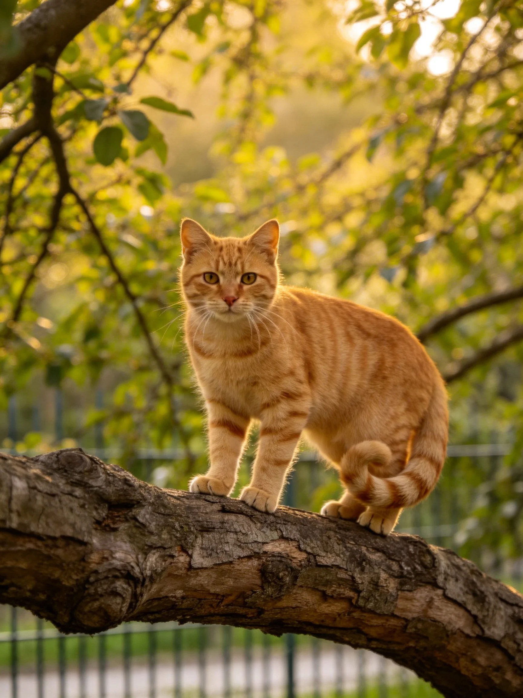 Orange tabby cat standing on gnarled tree branch amidst golden-green leaves