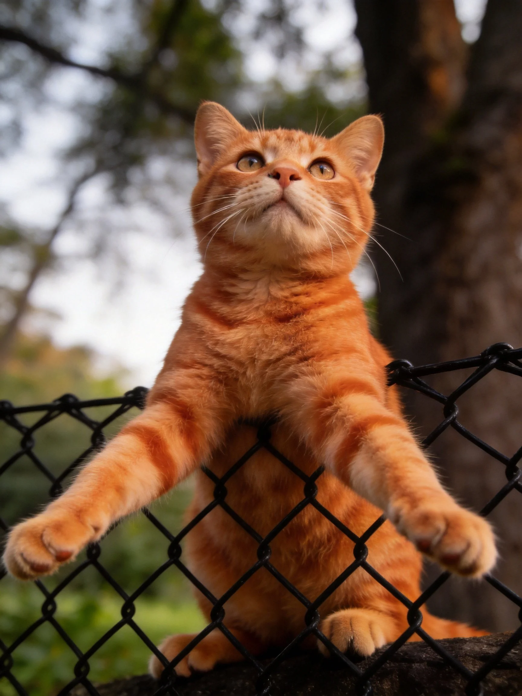 Orange tabby cat stretches on black chain-link fence outdoors