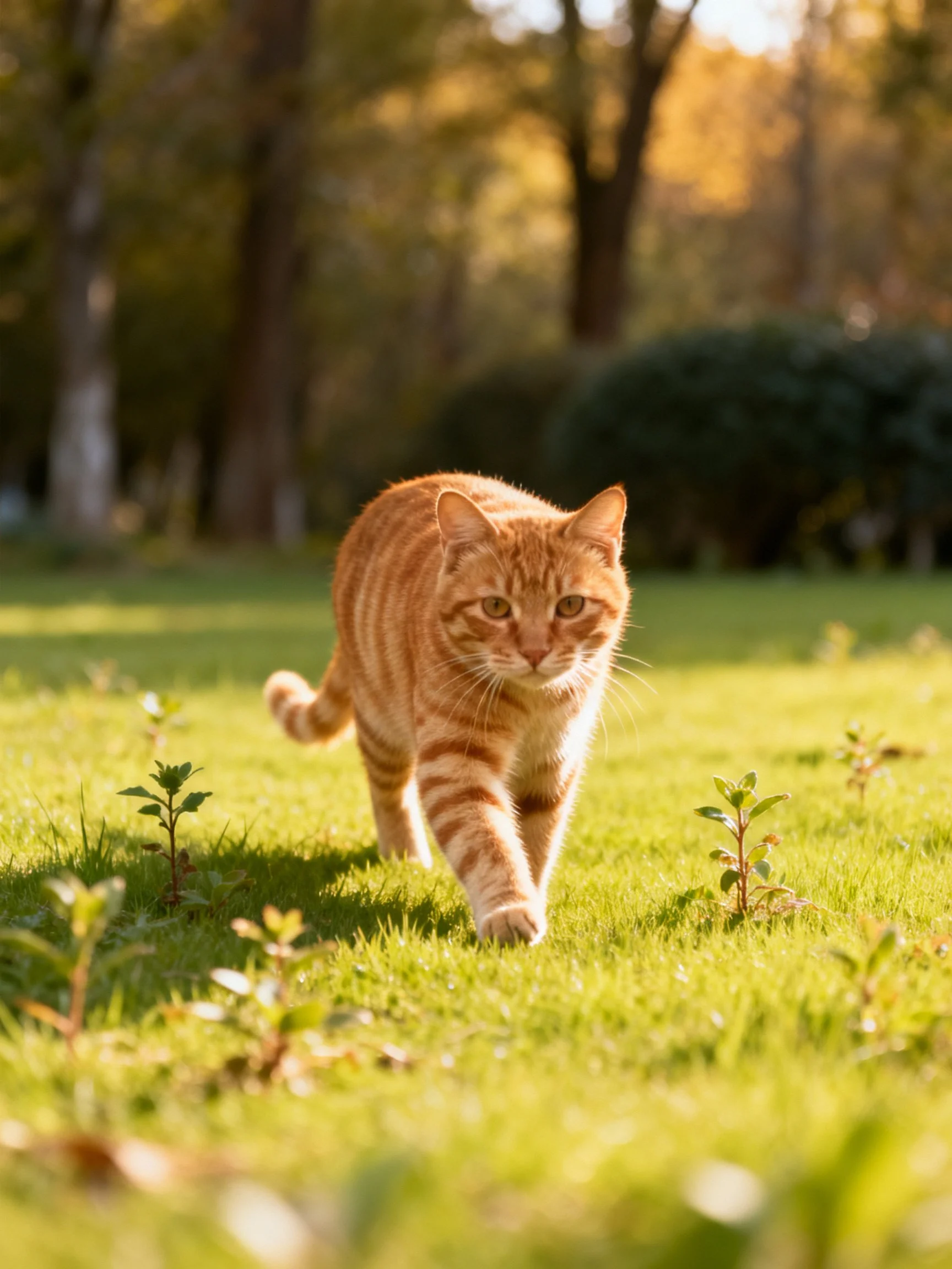 Orange tabby cat walking on sunlit green grass near trees