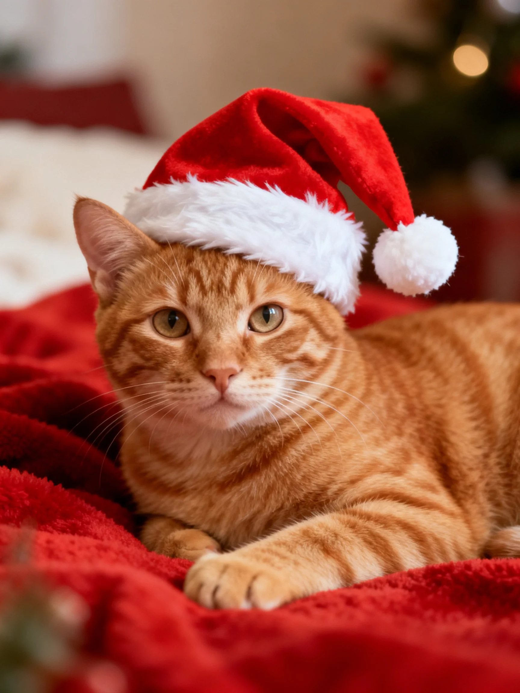 Orange tabby cat wears red Santa hat on red blanket