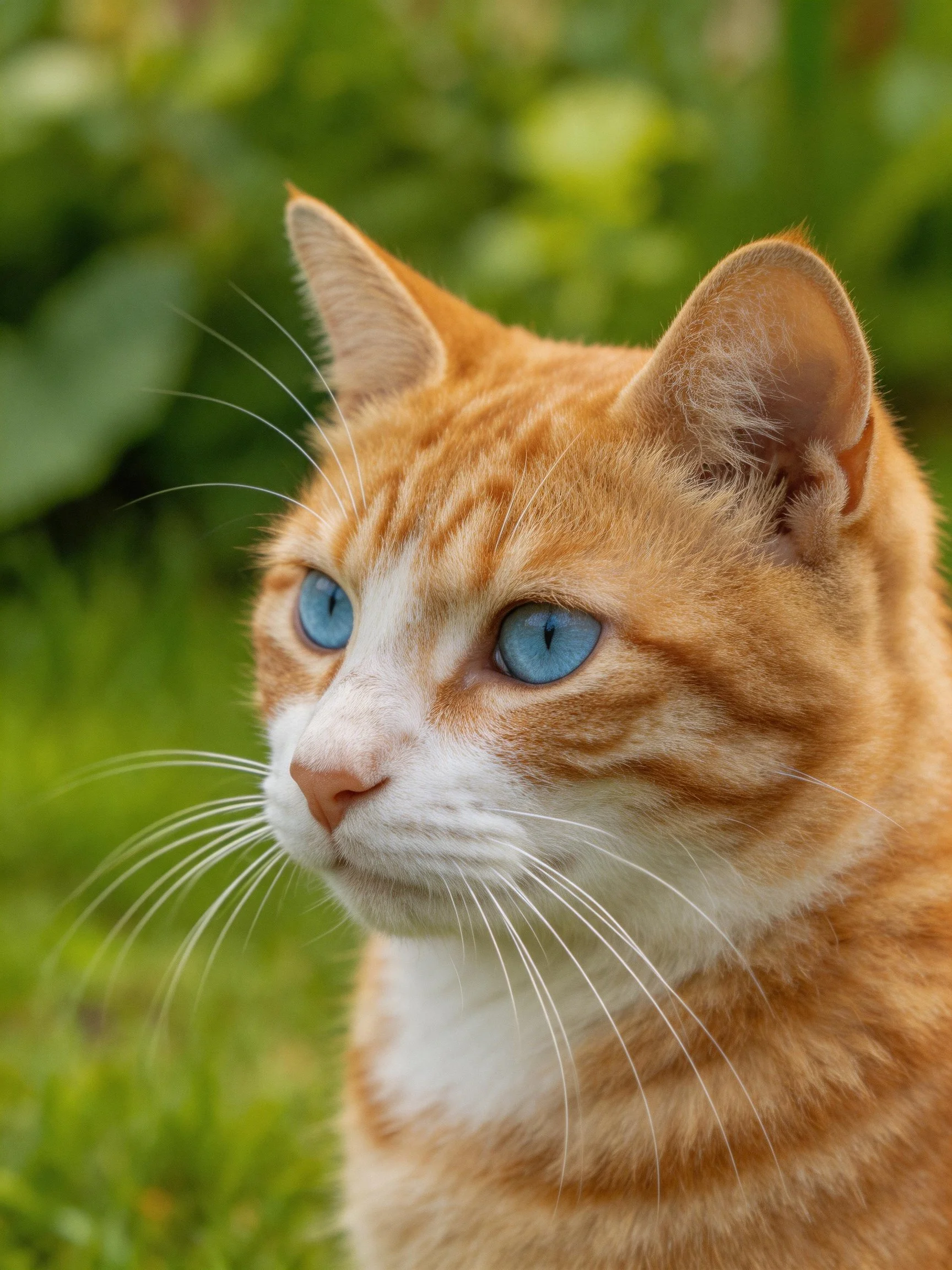 An orange tabby cat with blue eyes observes its surroundings in a green outdoor space.
