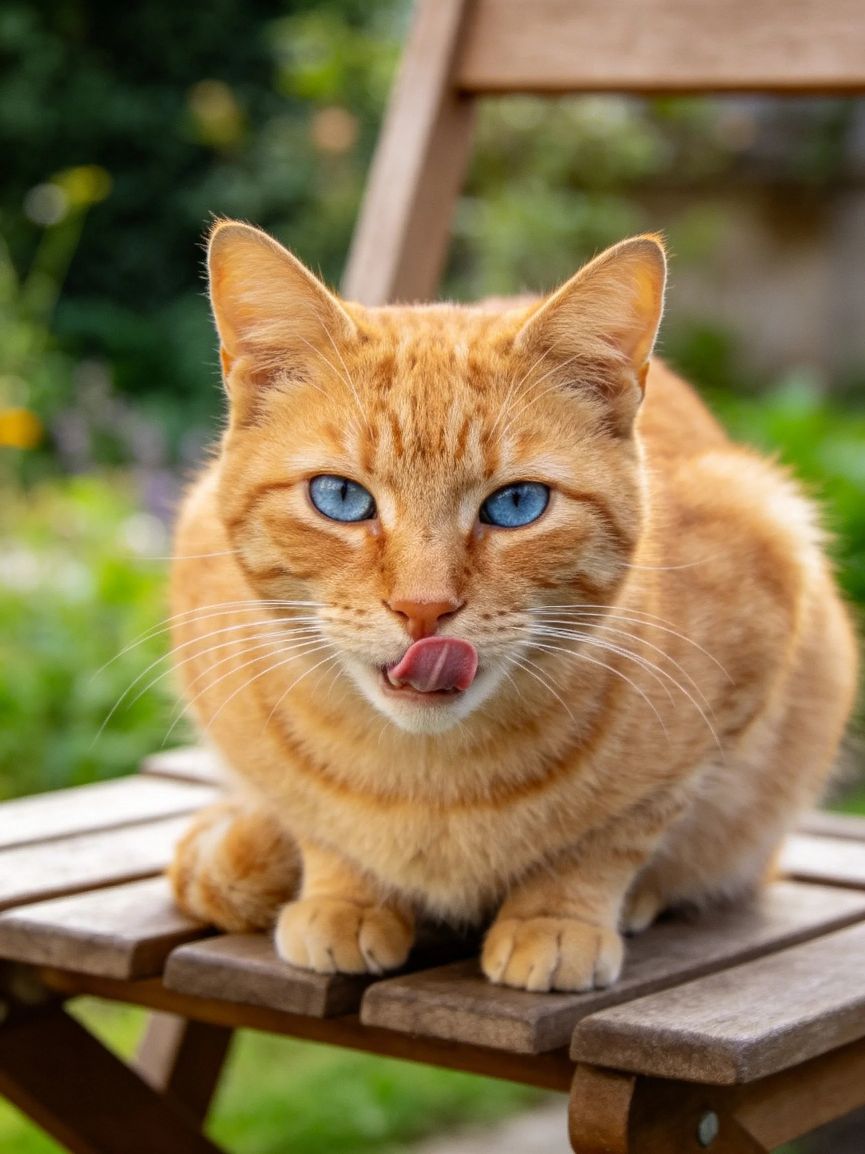 An orange tabby cat with blue eyes licks its tongue while sitting on a wooden chair in a garden.