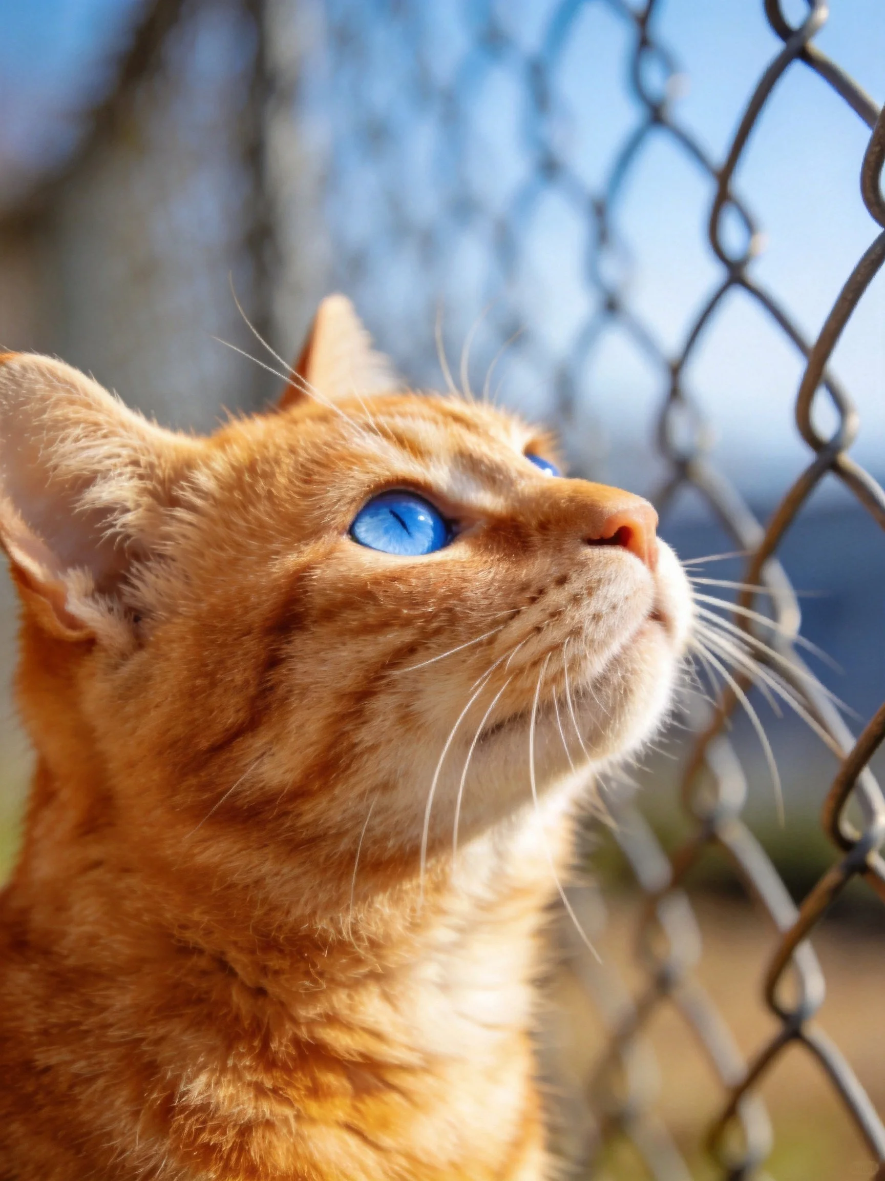 An orange tabby cat gazes upward beside a chain-link fence.