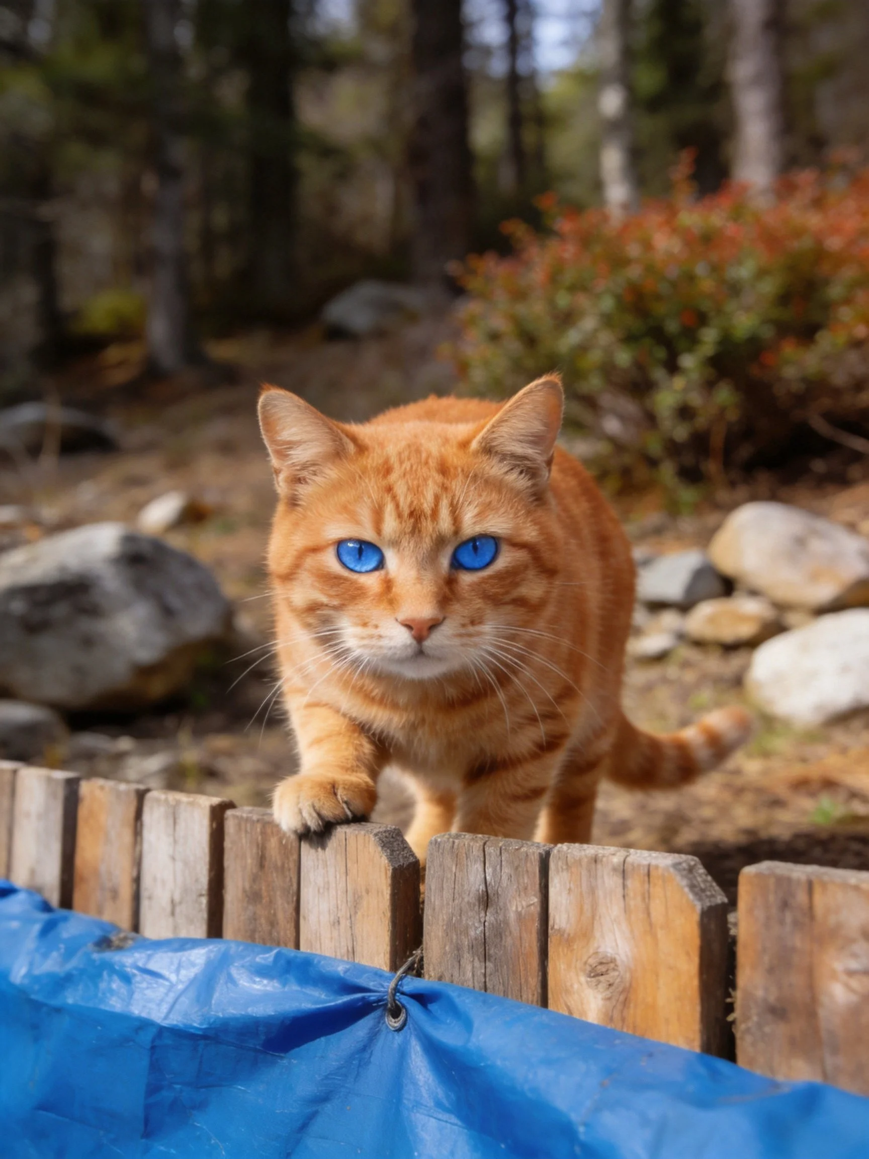 An orange tabby cat with blue eyes approaches a wooden fence in a wooded area.