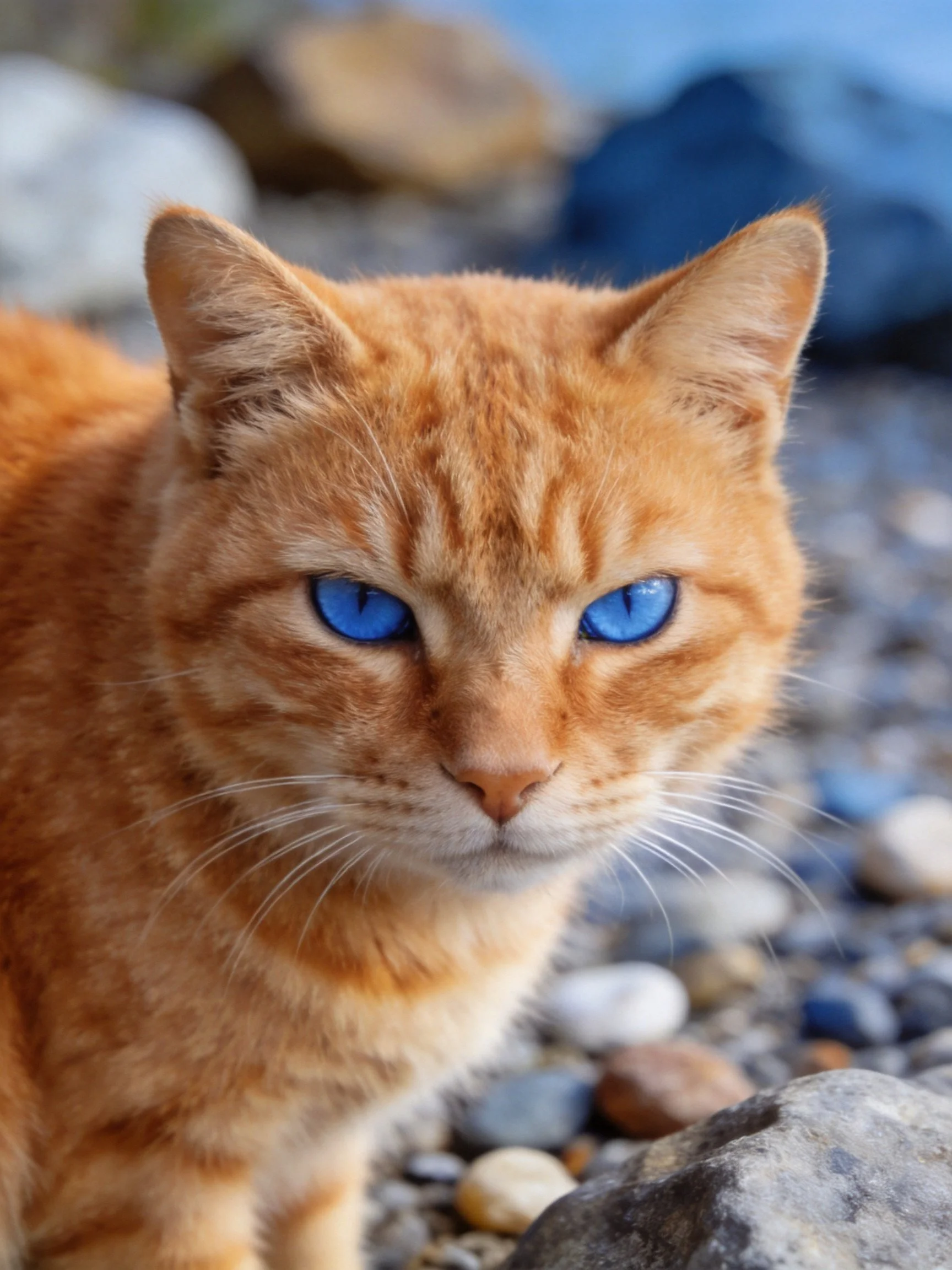 A close - up of an orange tabby cat with blue eyes near pebbles
