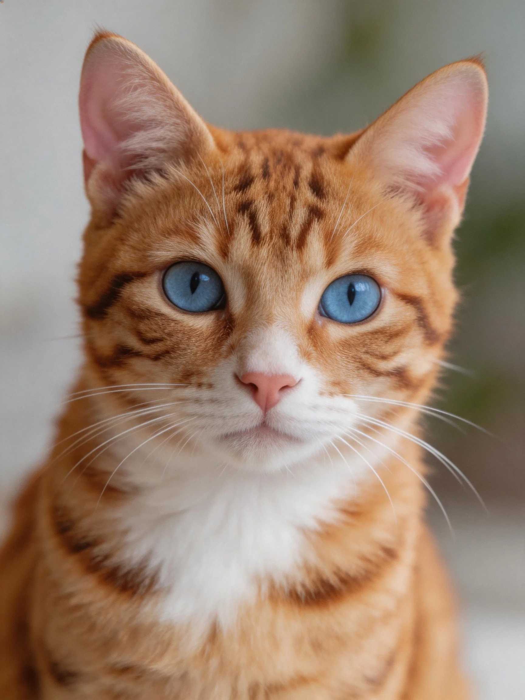 Close-up of an orange tabby cat with blue eyes and white chest, blurred background.