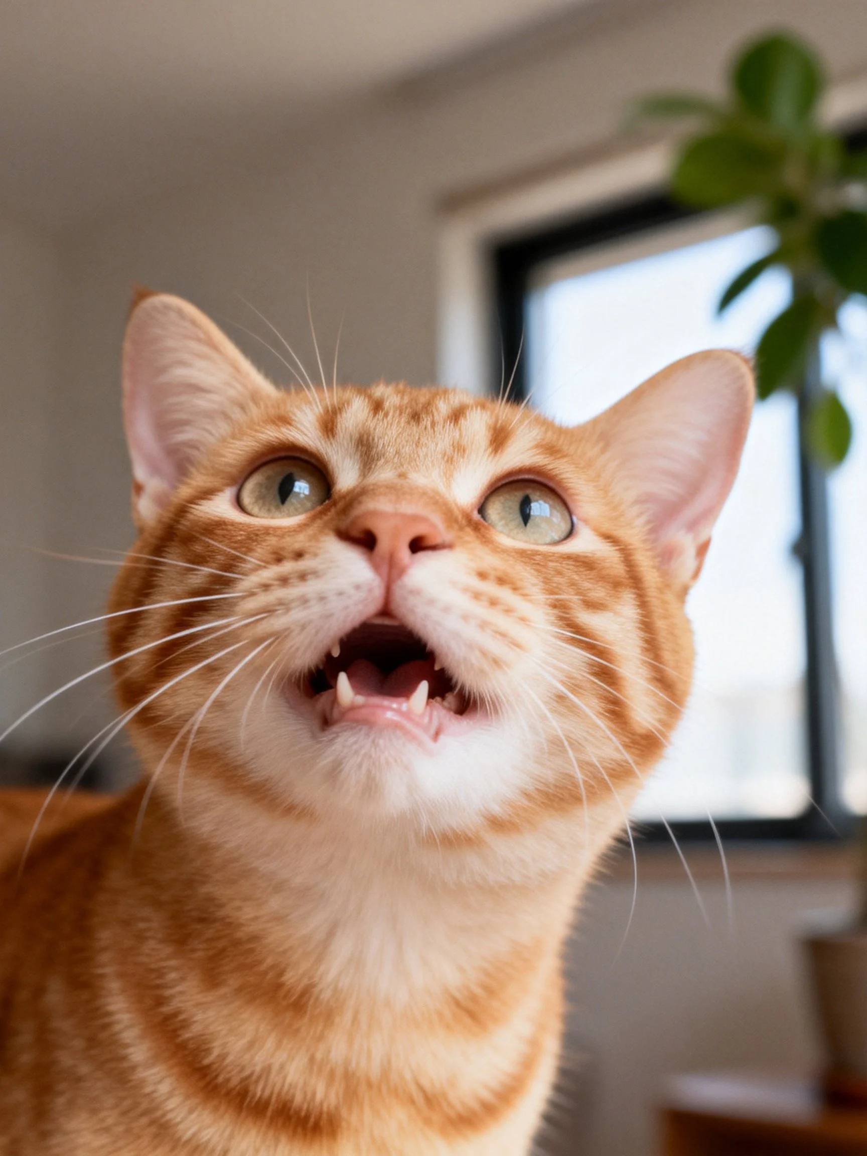 An orange tabby cat looks upward with mouth open beside a window.