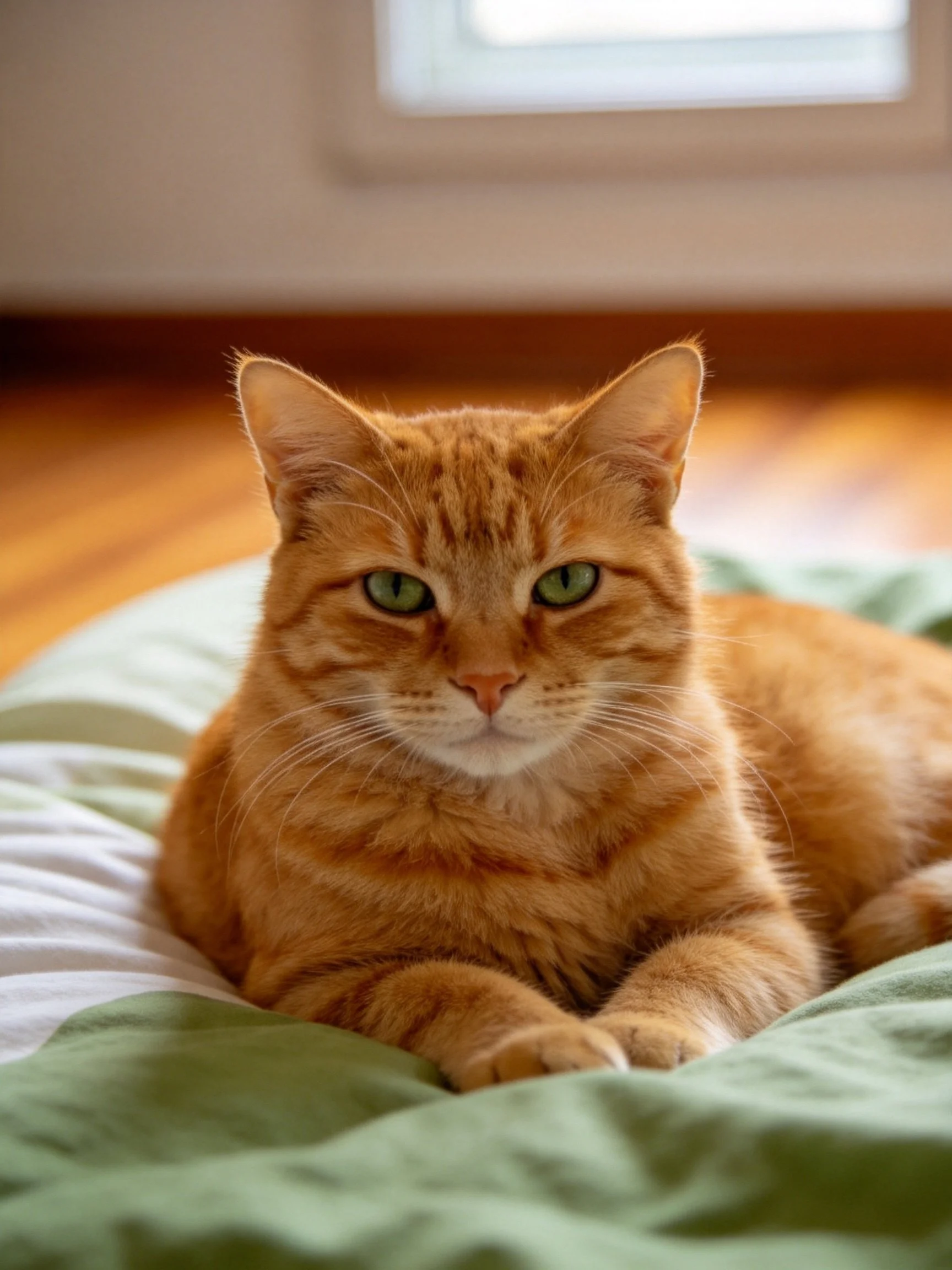 Orange tabby cat with green eyes relaxes on a cushion near a window.