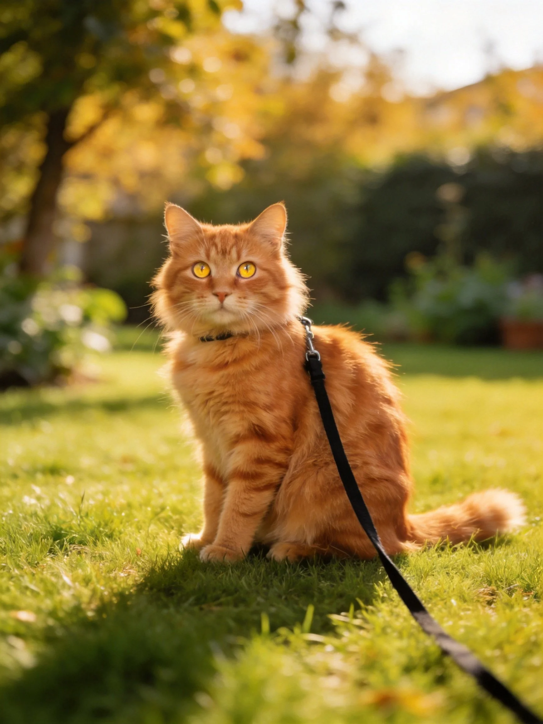 Orange tabby cat with leash sitting on green grass