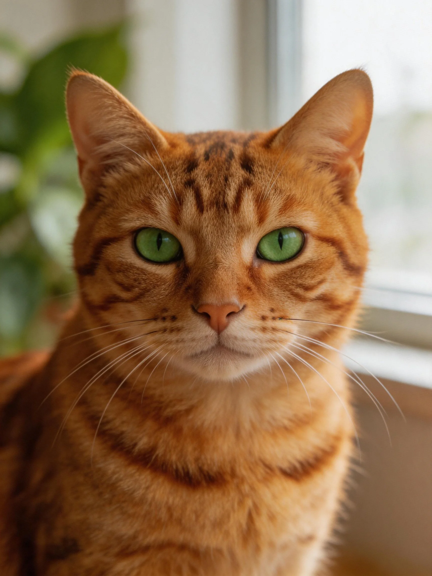 An orange tabby cat with green eyes sits by a window.