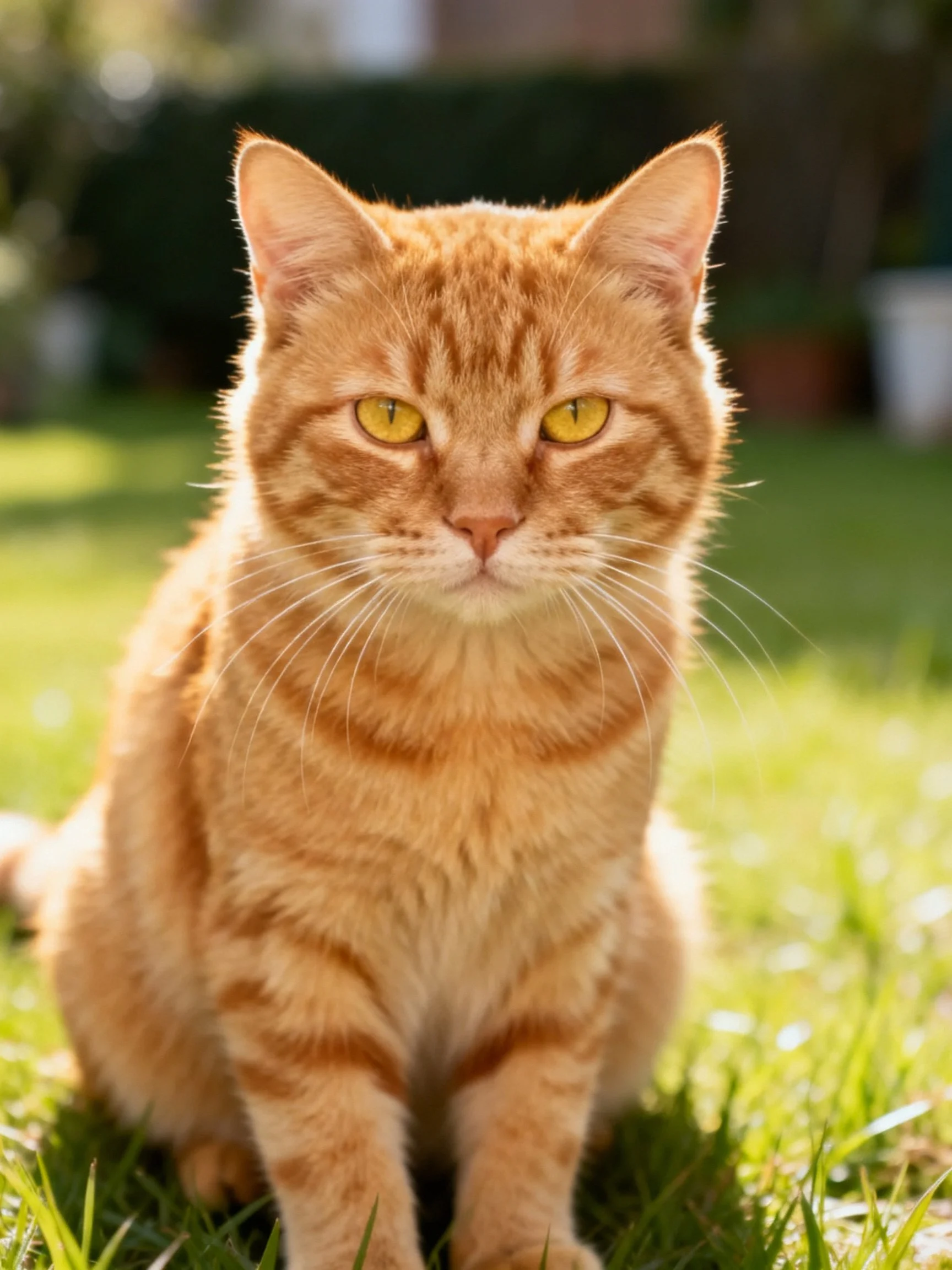 An orange tabby cat with yellow eyes sits on sunlit grass outside.
