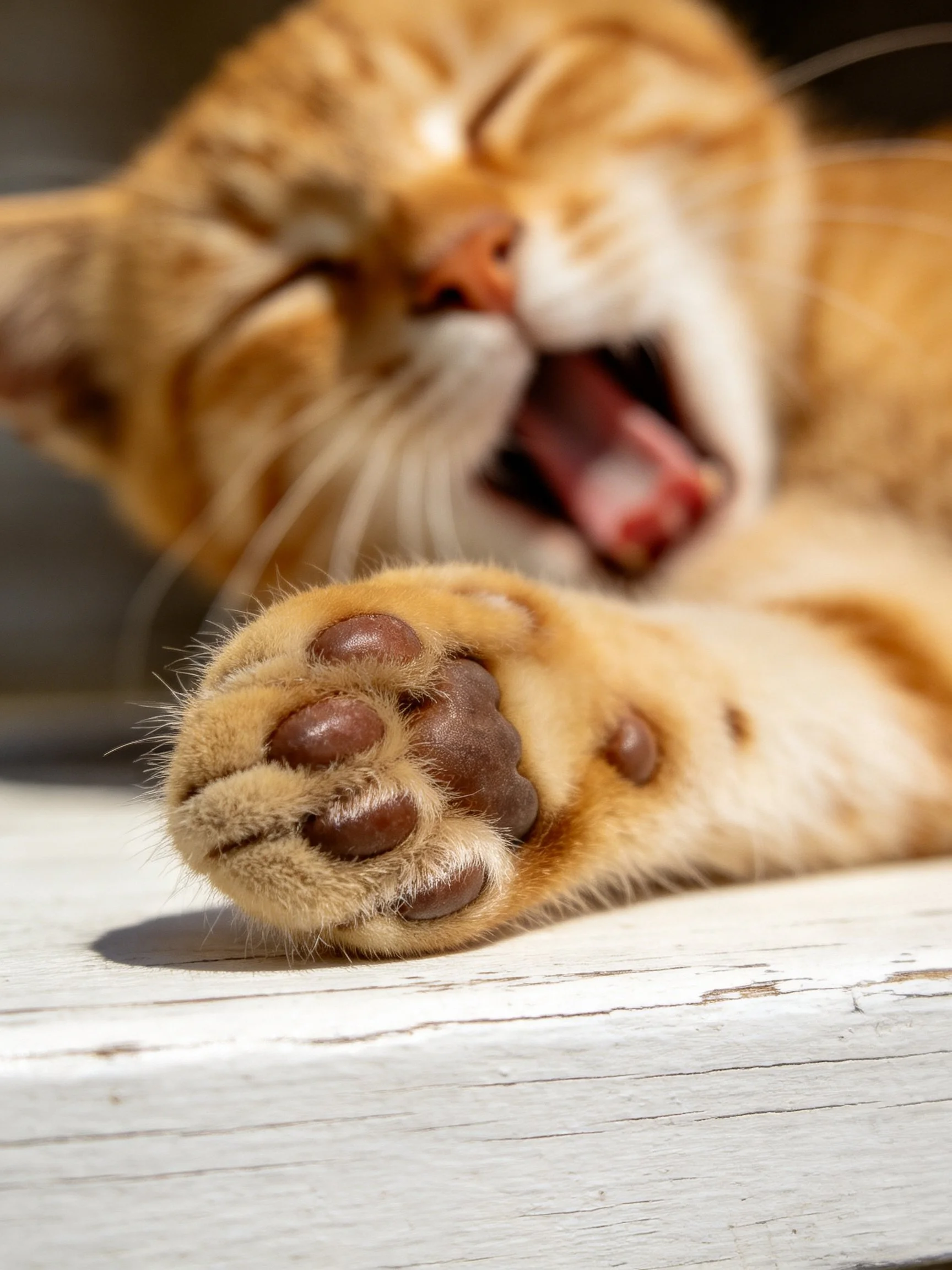 Orange tabby cat yawning with close - up of relaxed paw