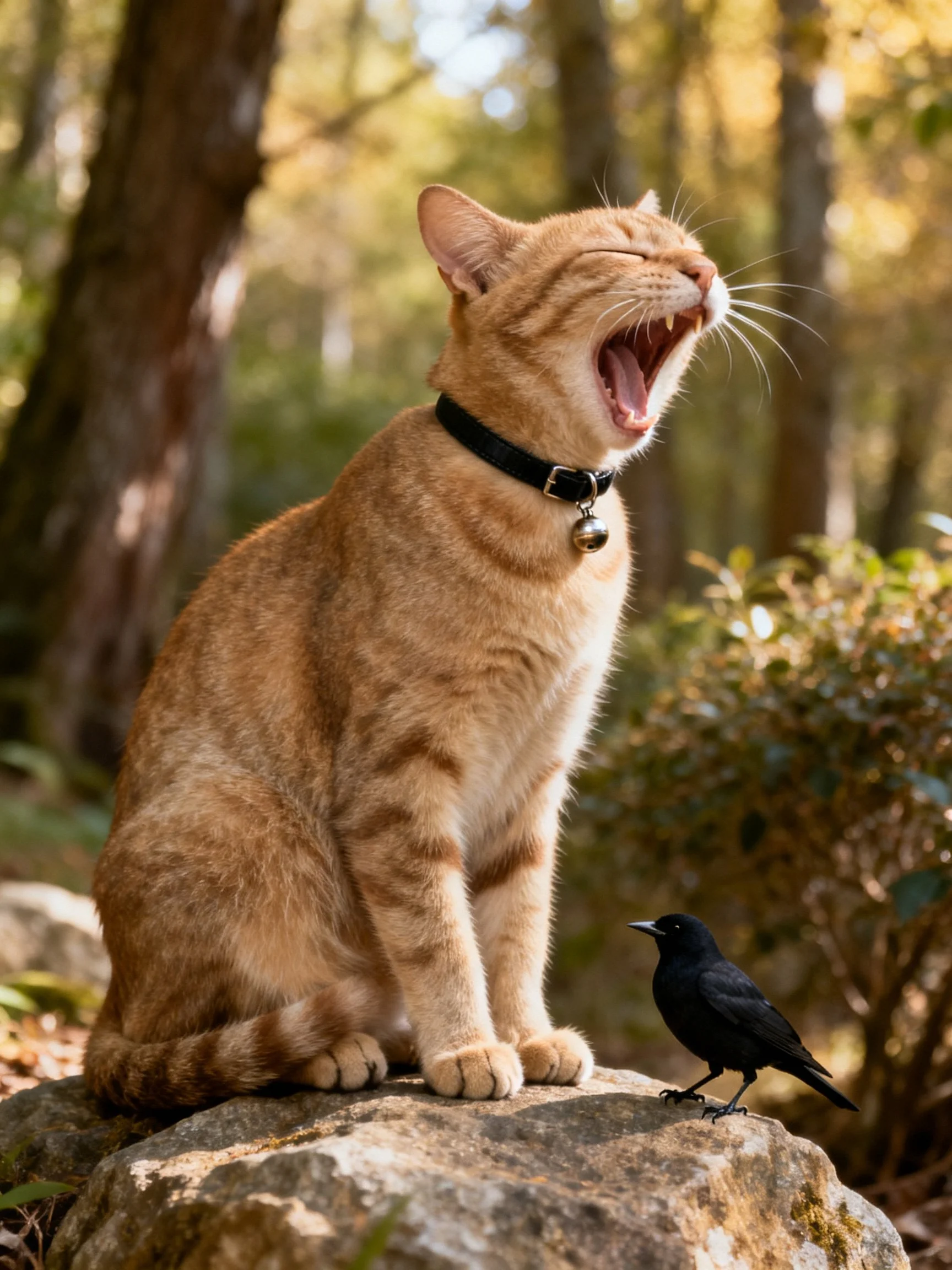 Orange tabby cat yawns near black bird on mossy rock in sunlit forest