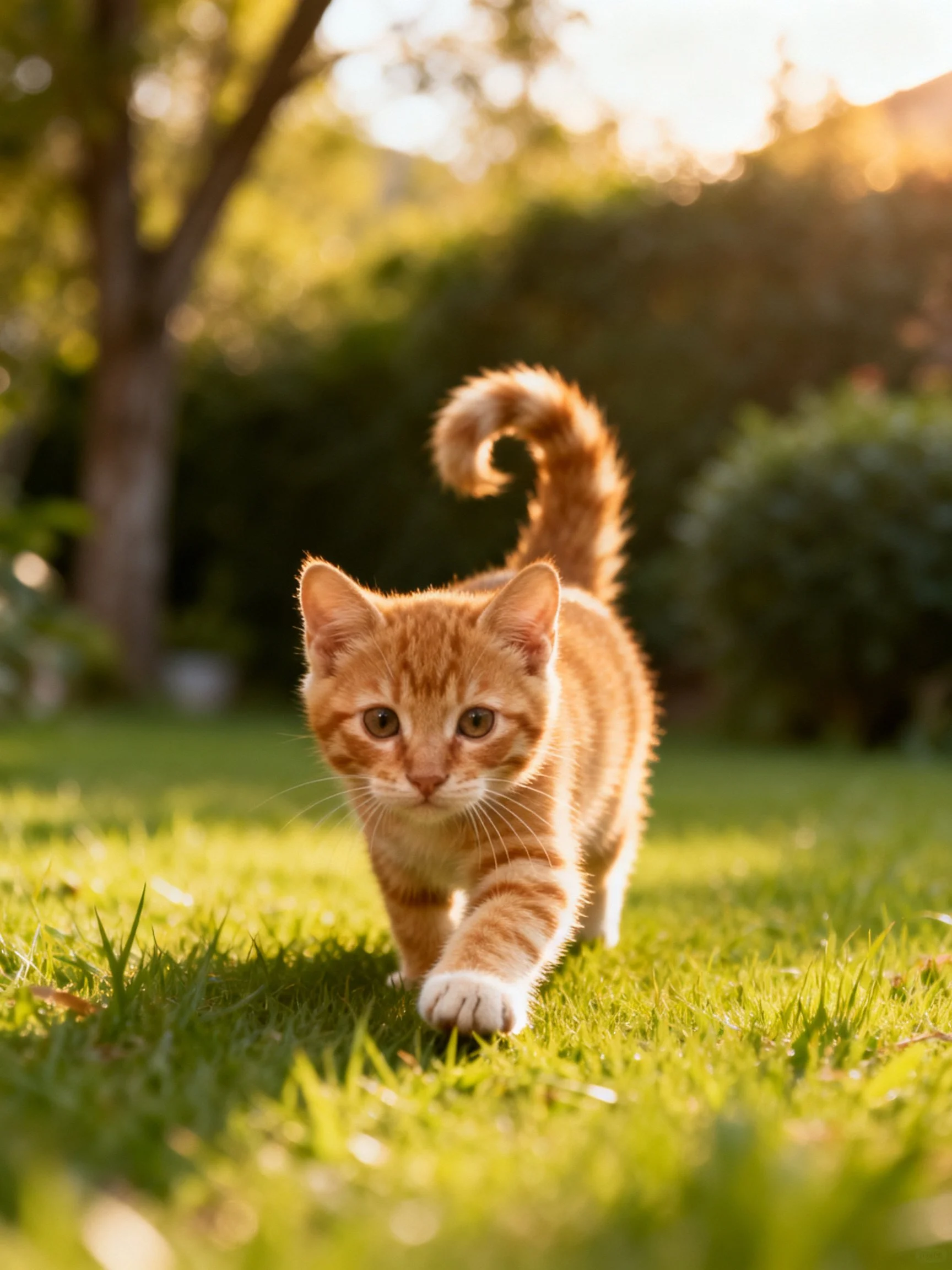 Orange tabby kitten exploring sun-drenched garden grass