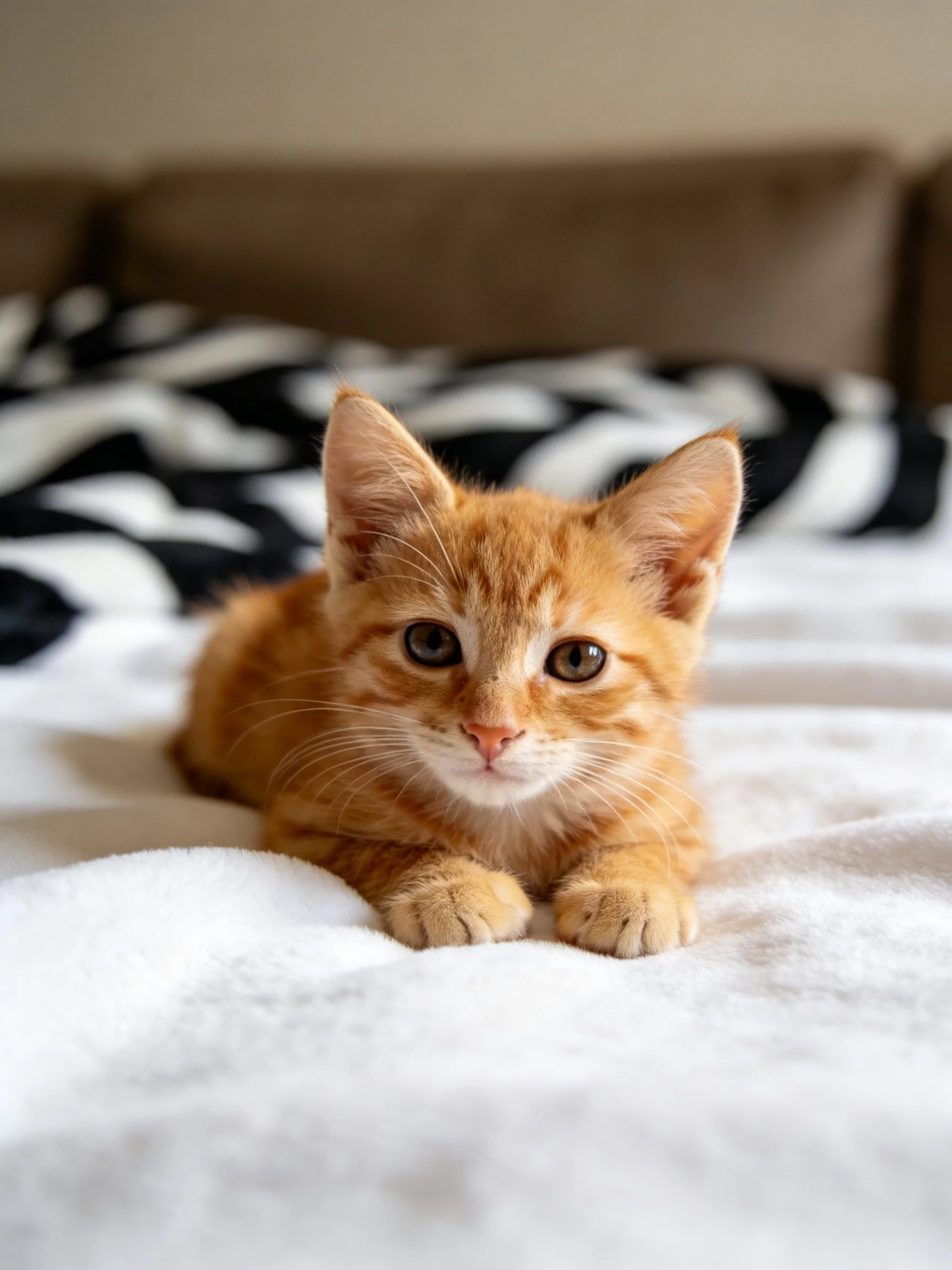 An orange tabby kitten lies on a white bed beside a black - and - white blanket.