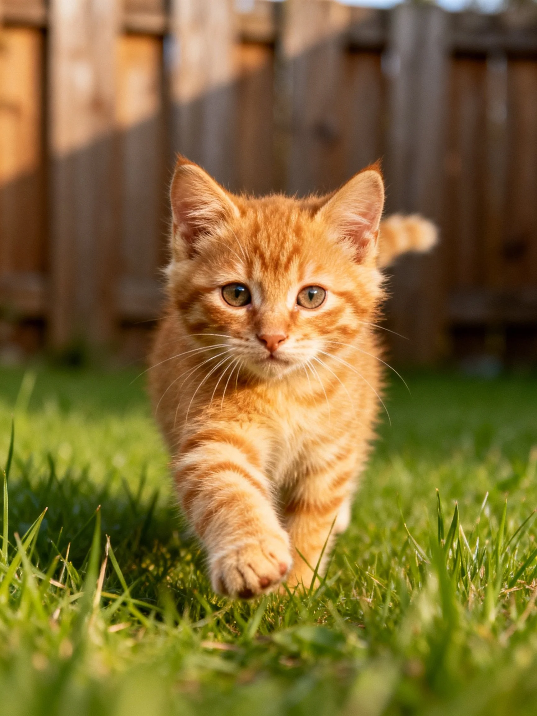 An orange tabby kitten walks forward on green grass near a wooden fence.