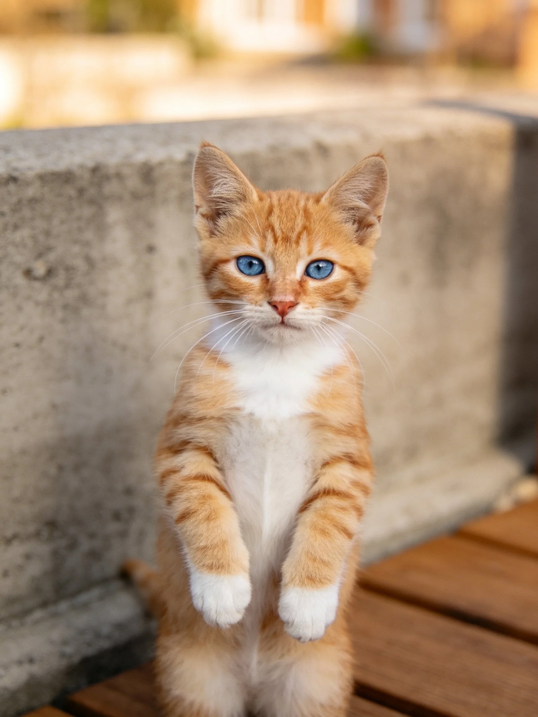 An orange tabby kitten with blue eyes stands upright near a concrete wall.