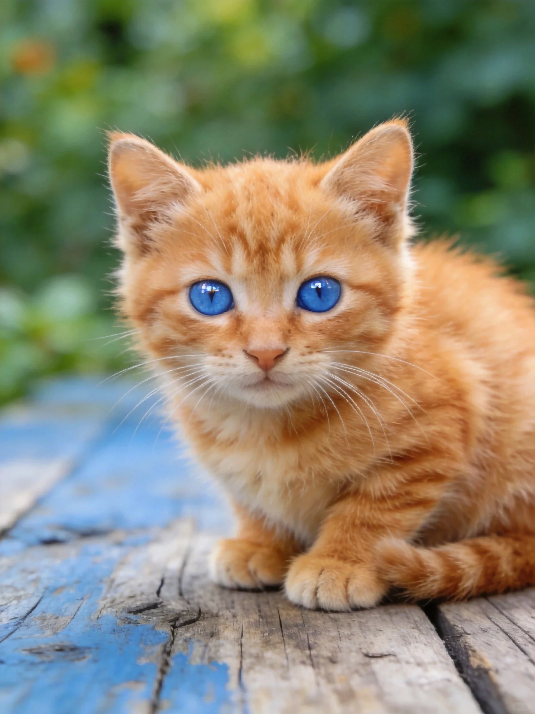 An orange tabby kitten with bright blue eyes sits on aged wooden planks near greenery.