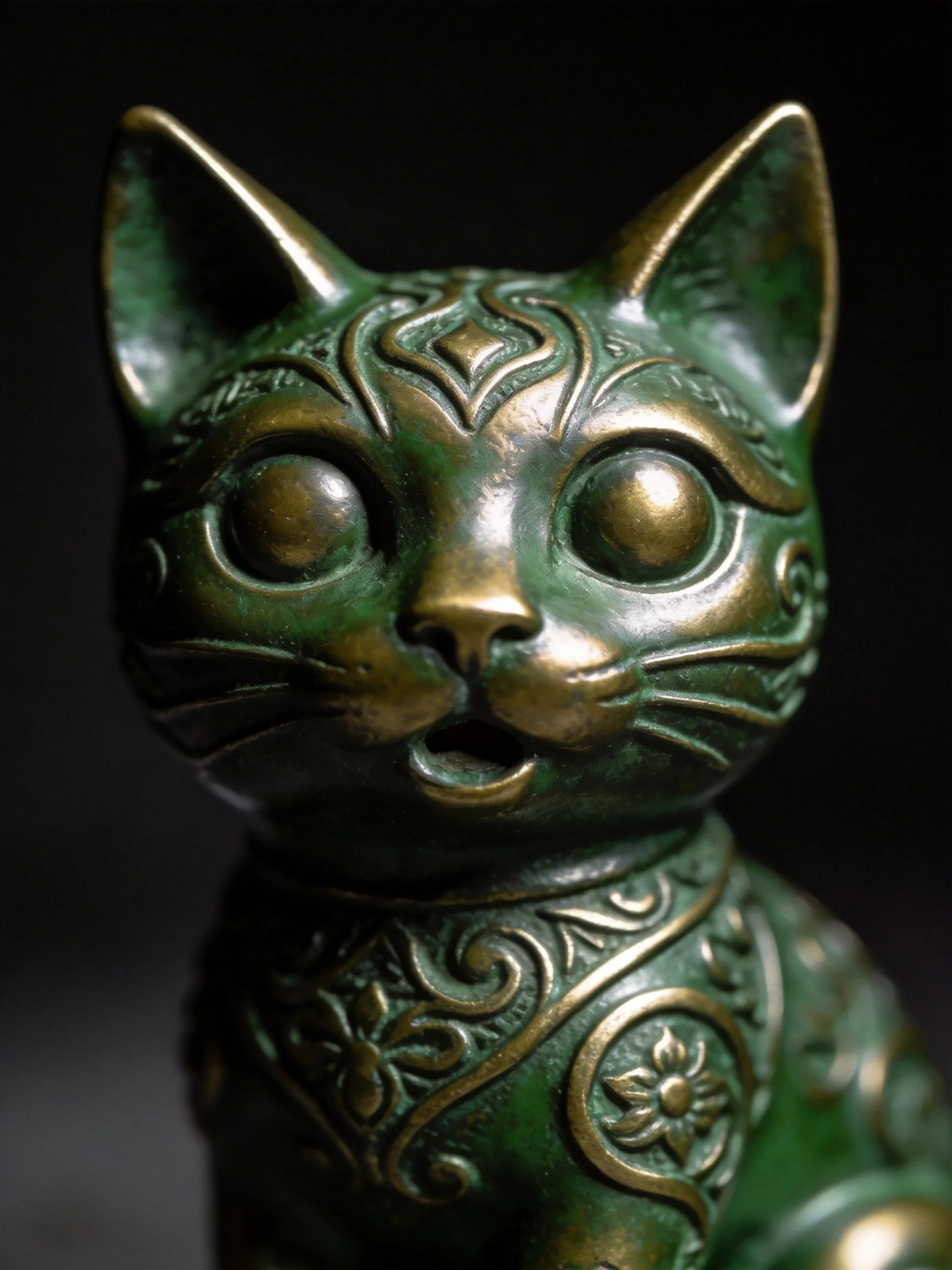 A close-up view of an elaborately designed green-bronze cat sculpture.