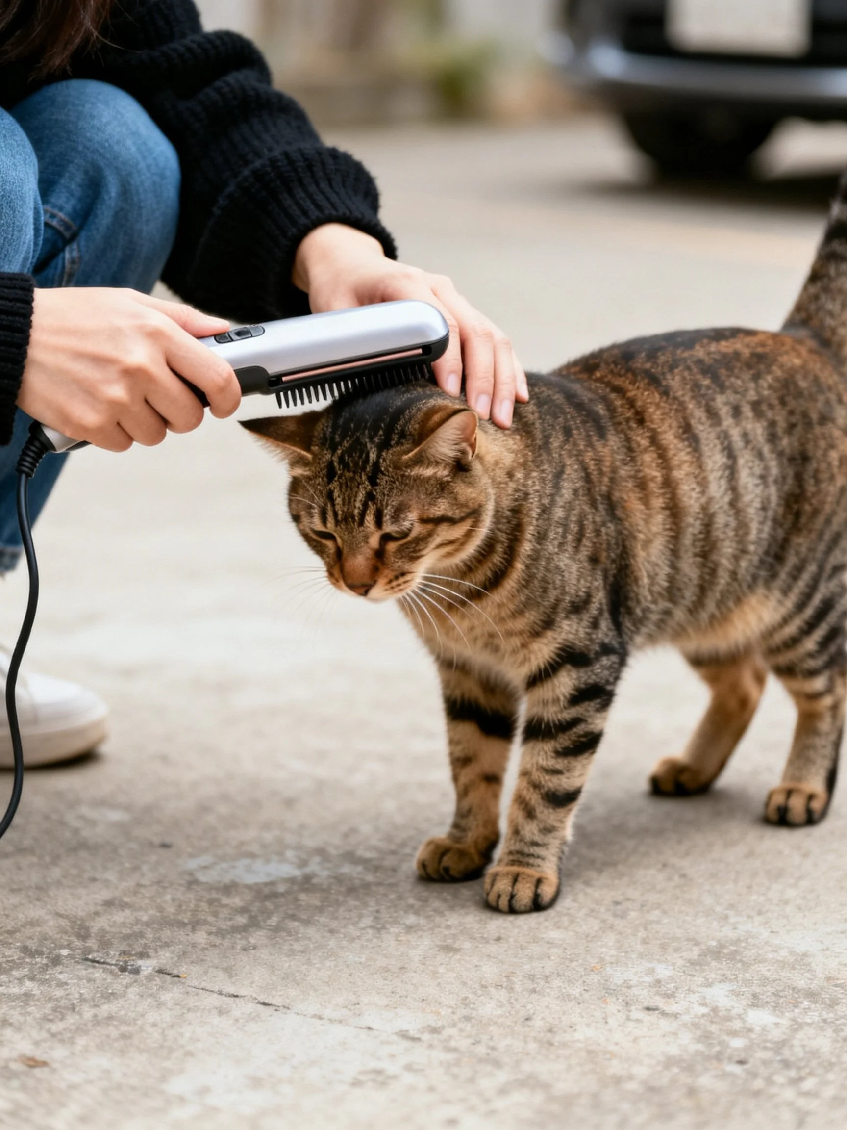Person grooming a brown tabby cat with an electric grooming brush