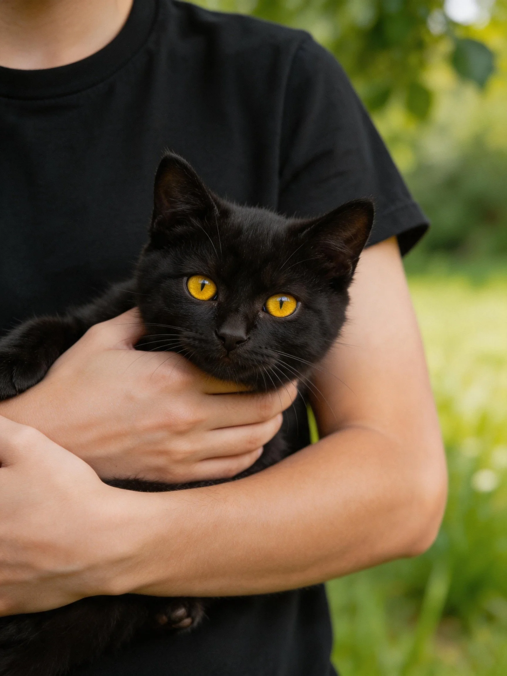 Person holding a black cat with bright yellow eyes outdoors