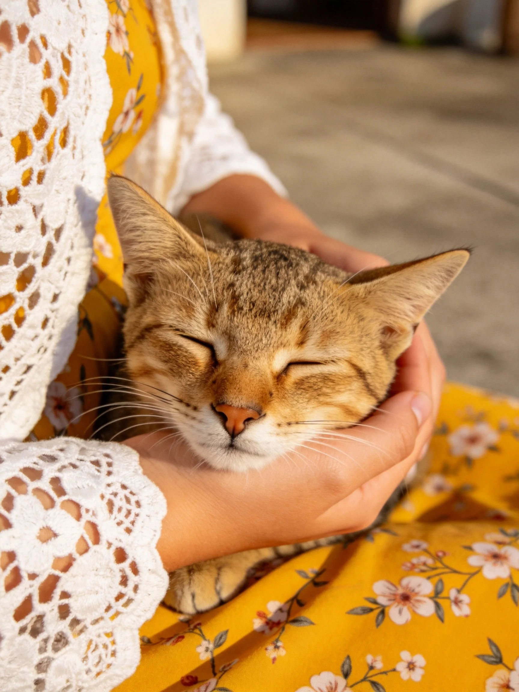 Person holds a content tabby cat in a sunlit outdoor setting