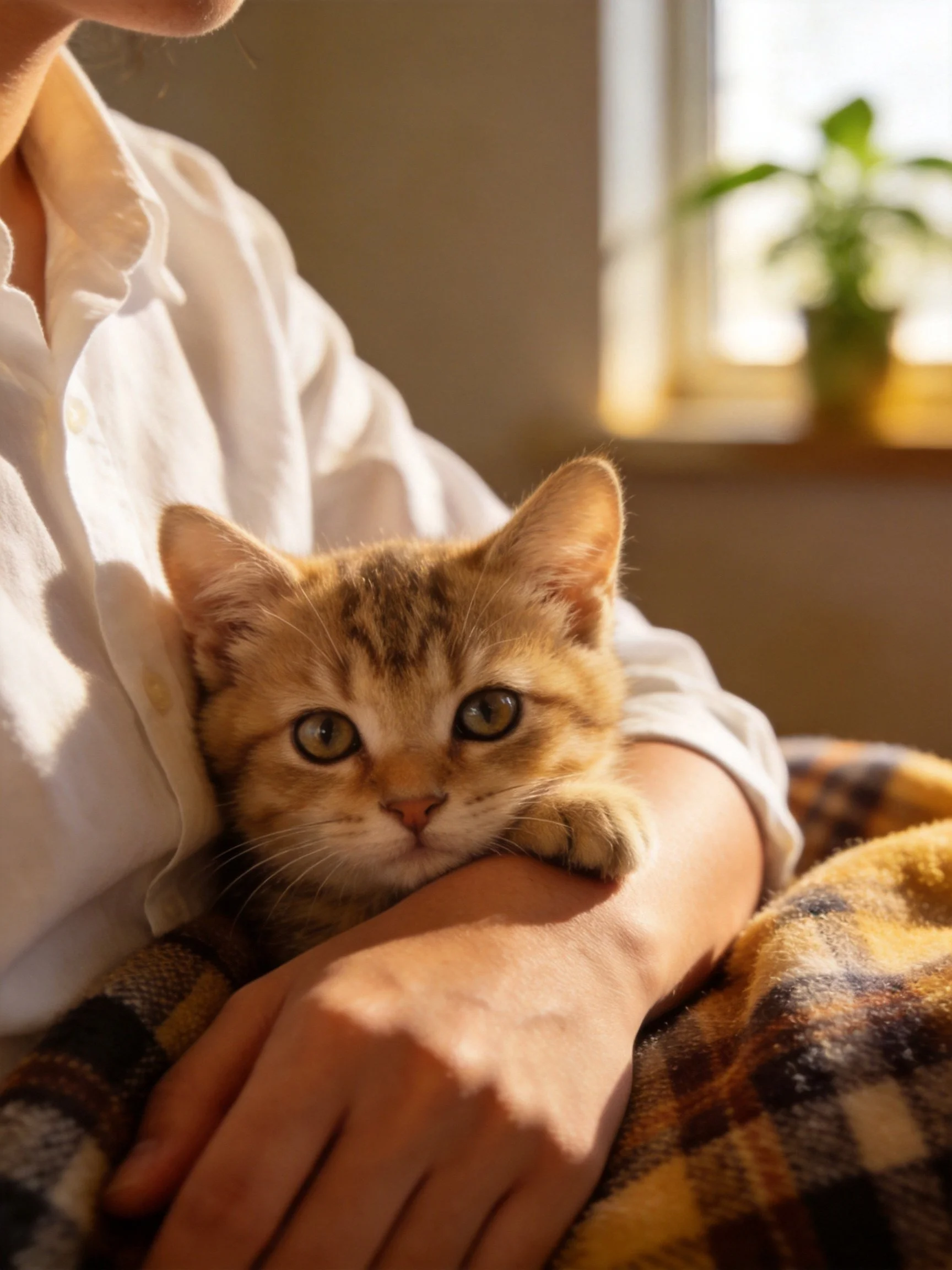 A person cradles a small orange tabby kitten near a sunlit window