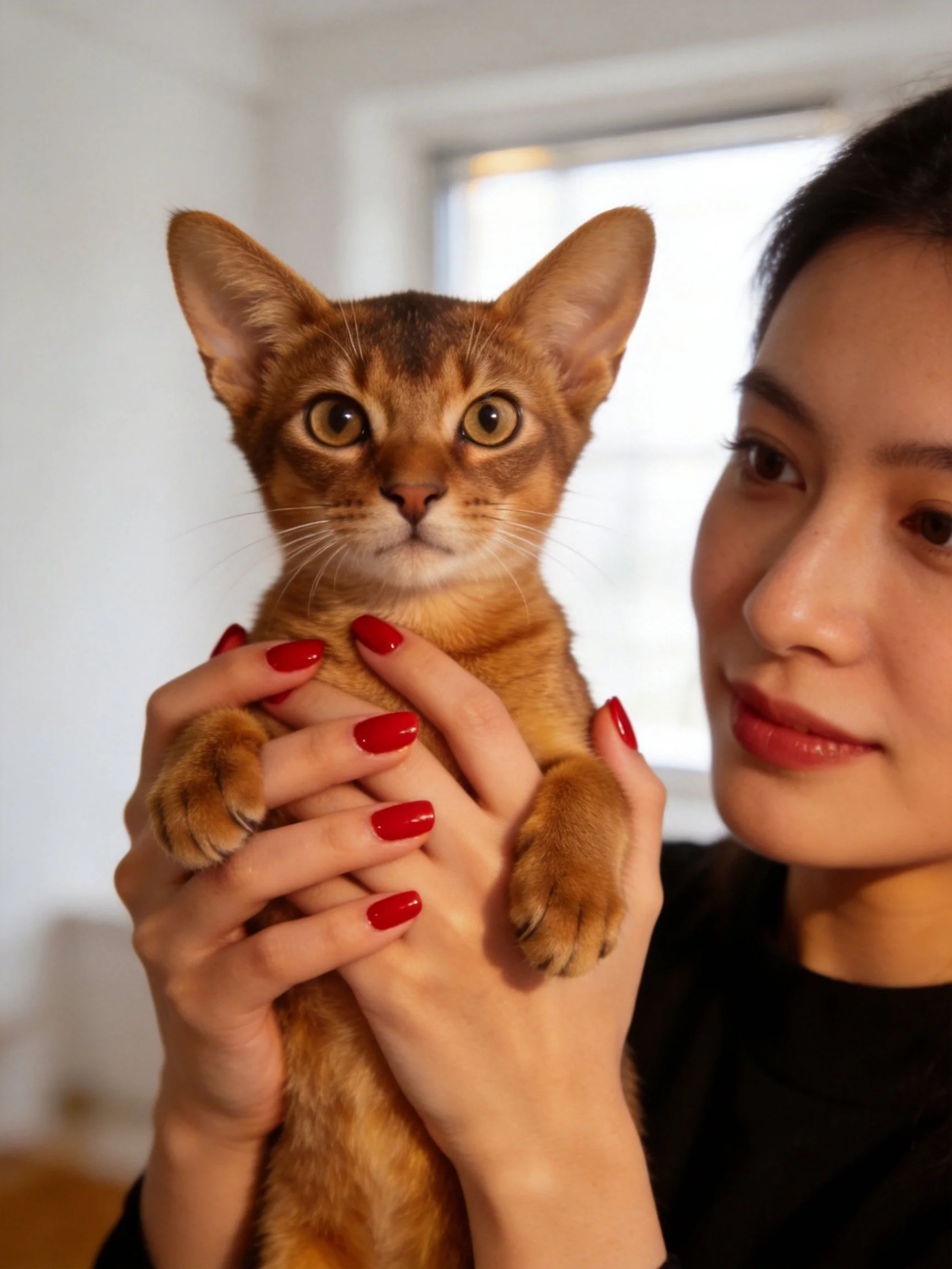 A person holds a tan Abyssinian cat with red nails indoors.
