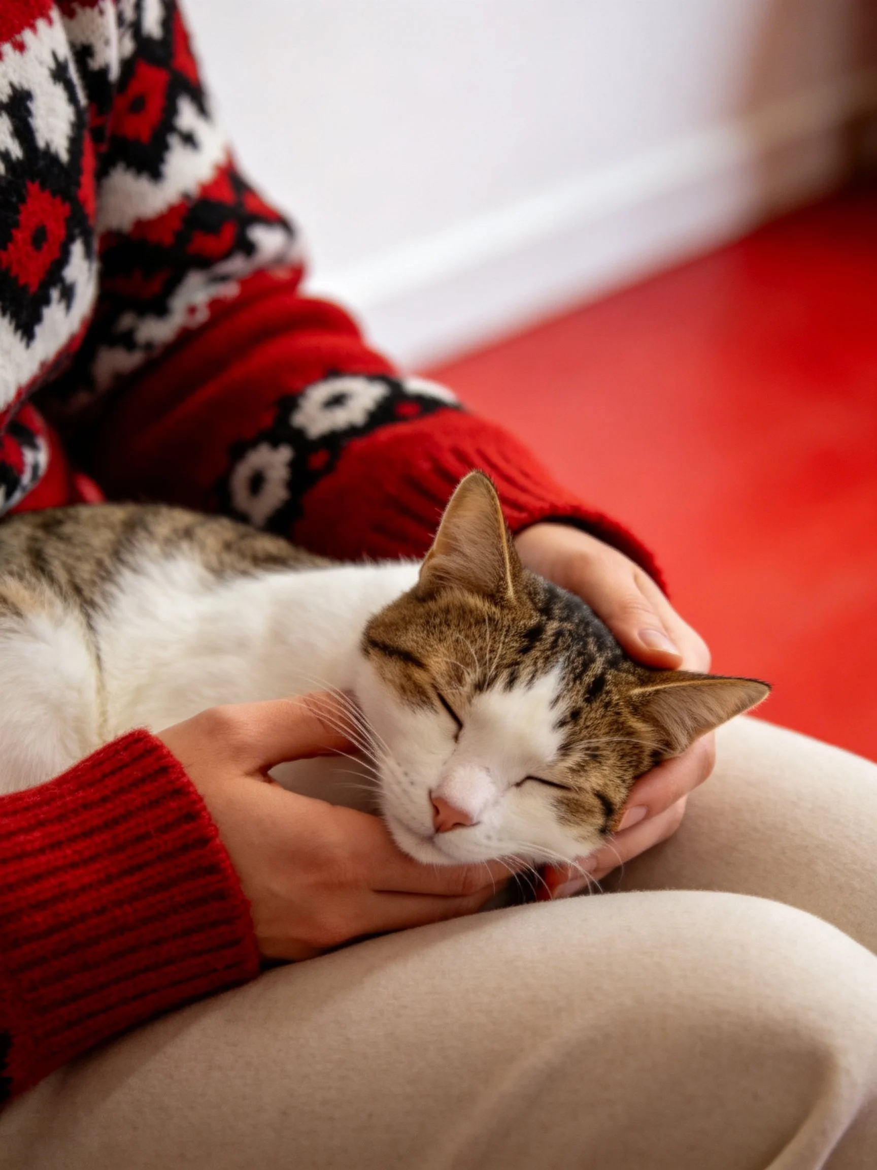 Person in red patterned sweater holding a sleeping tabby and white cat