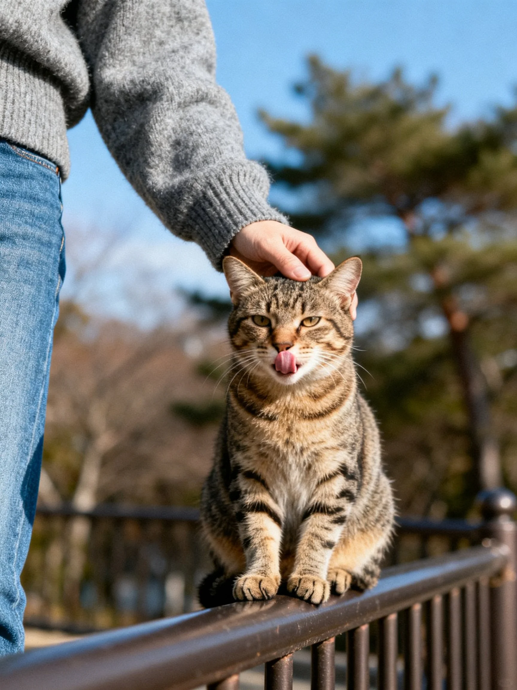 Person’s hand pets tabby cat on outdoor metal railing
