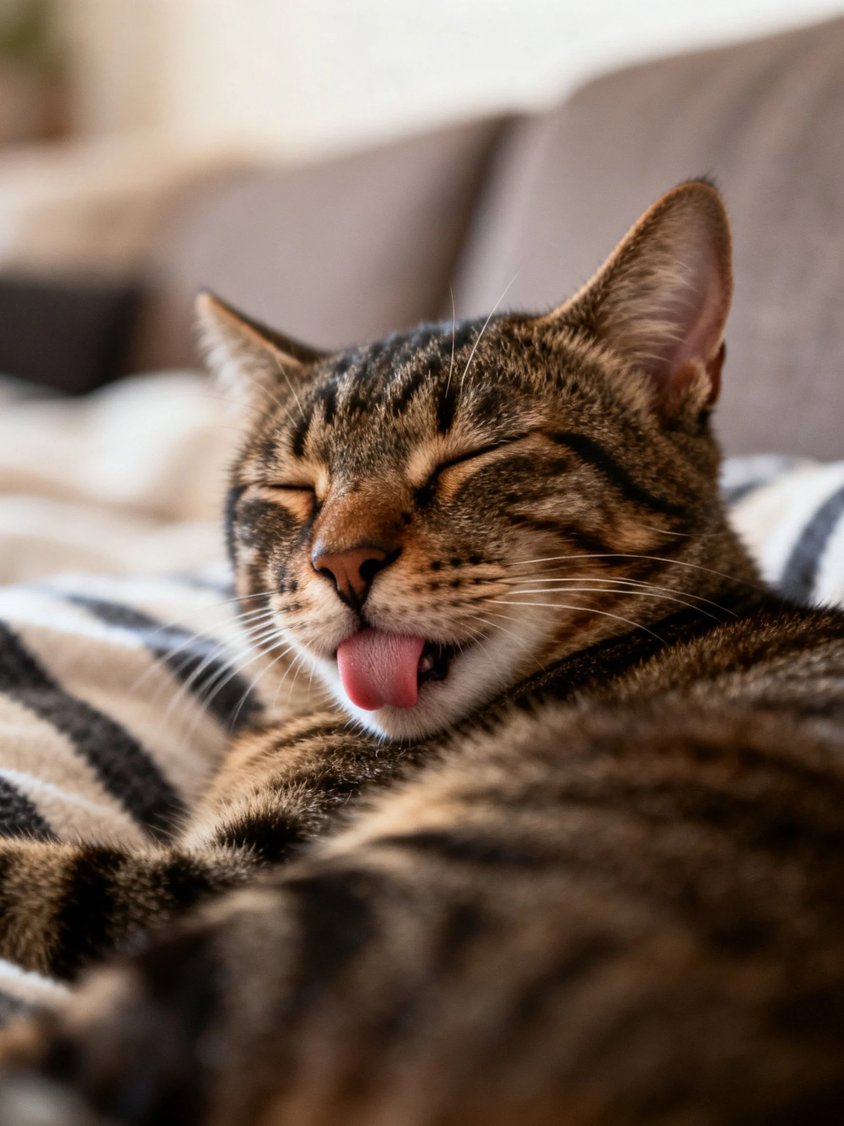 Relaxed tabby cat lounging on striped blanket with closed eyes