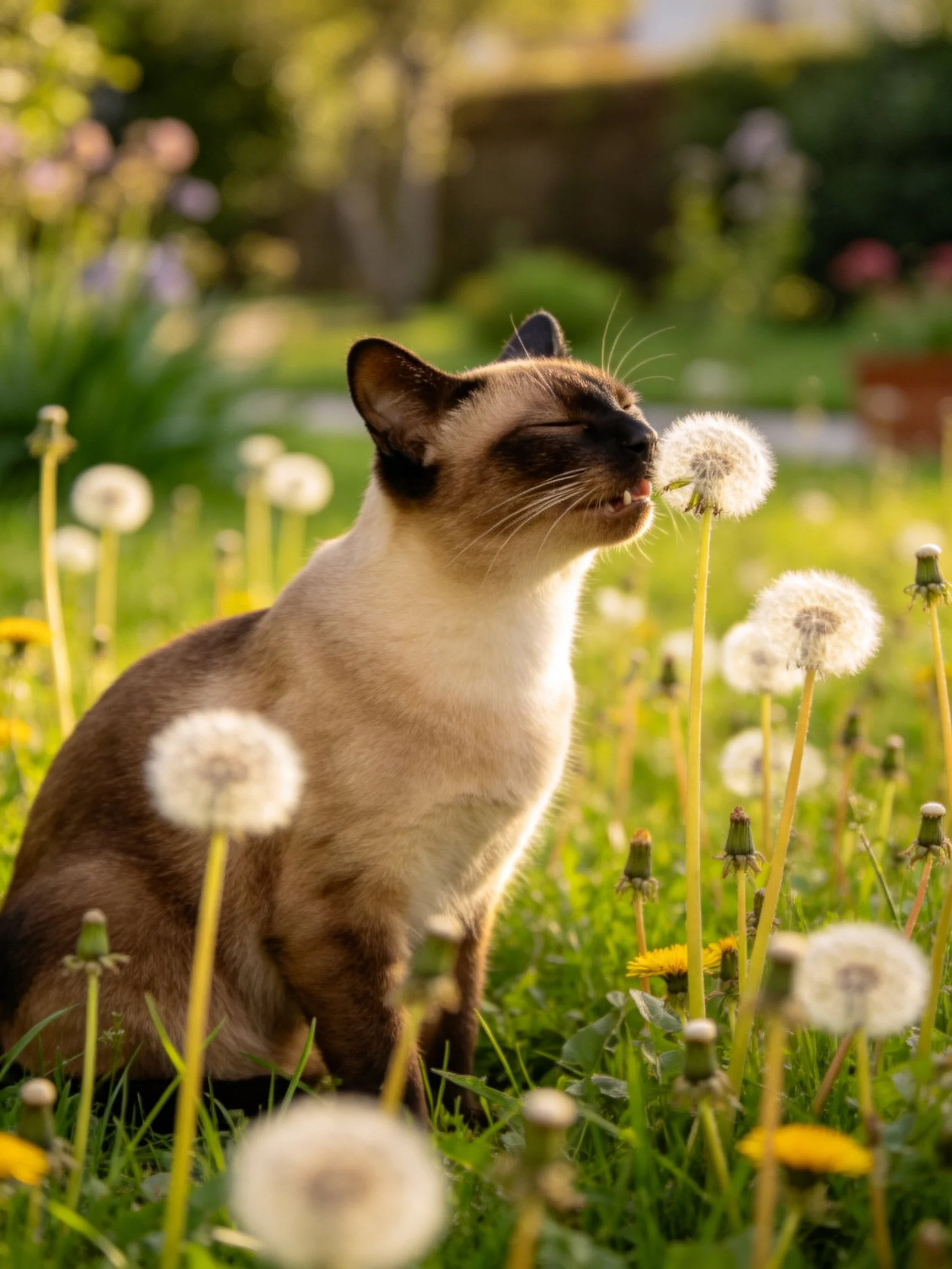 Siamese Cat Sniffing Dandelions in Sunlit Garden