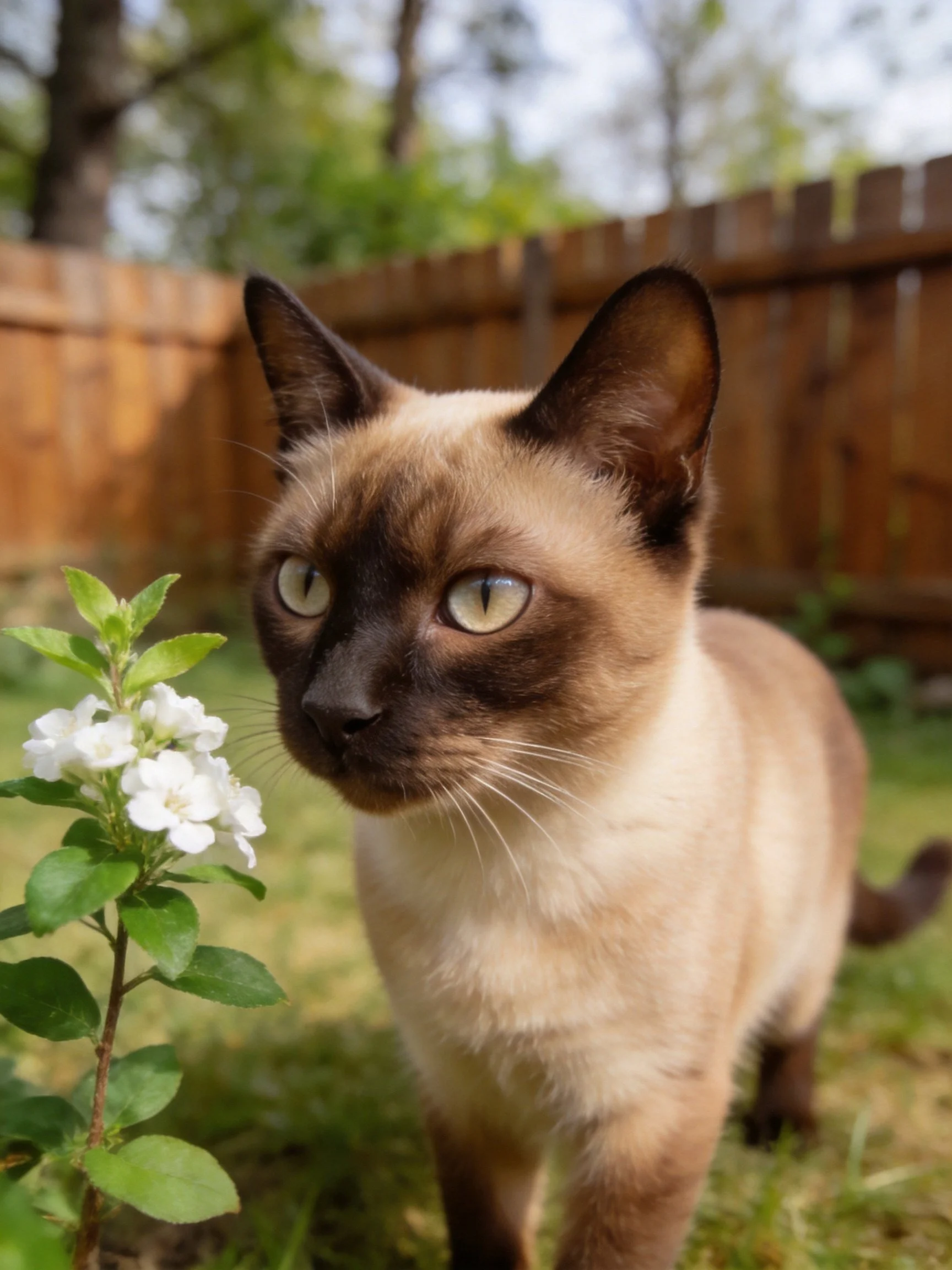 Siamese Cat with Cream and Brown Fur Near White Flowers in Backyard