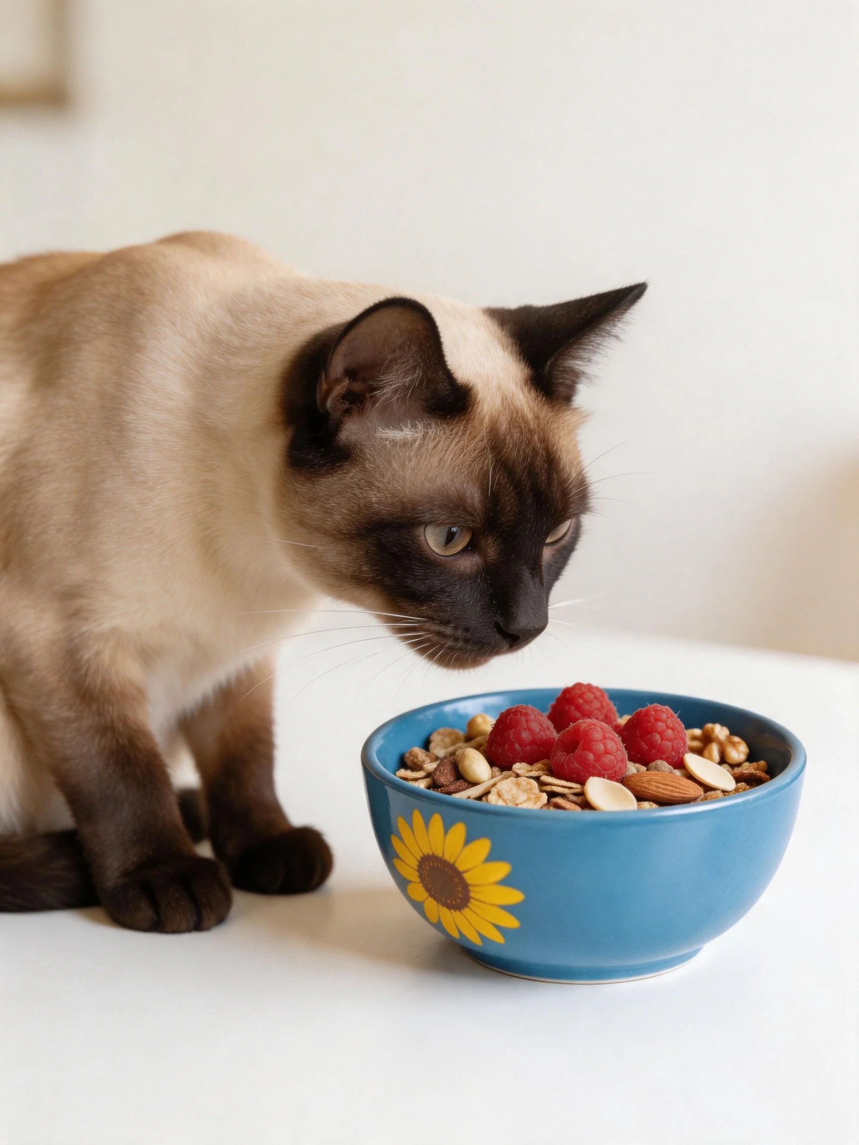 Siamese cat inspects blue bowl with granola, raspberries, and nuts