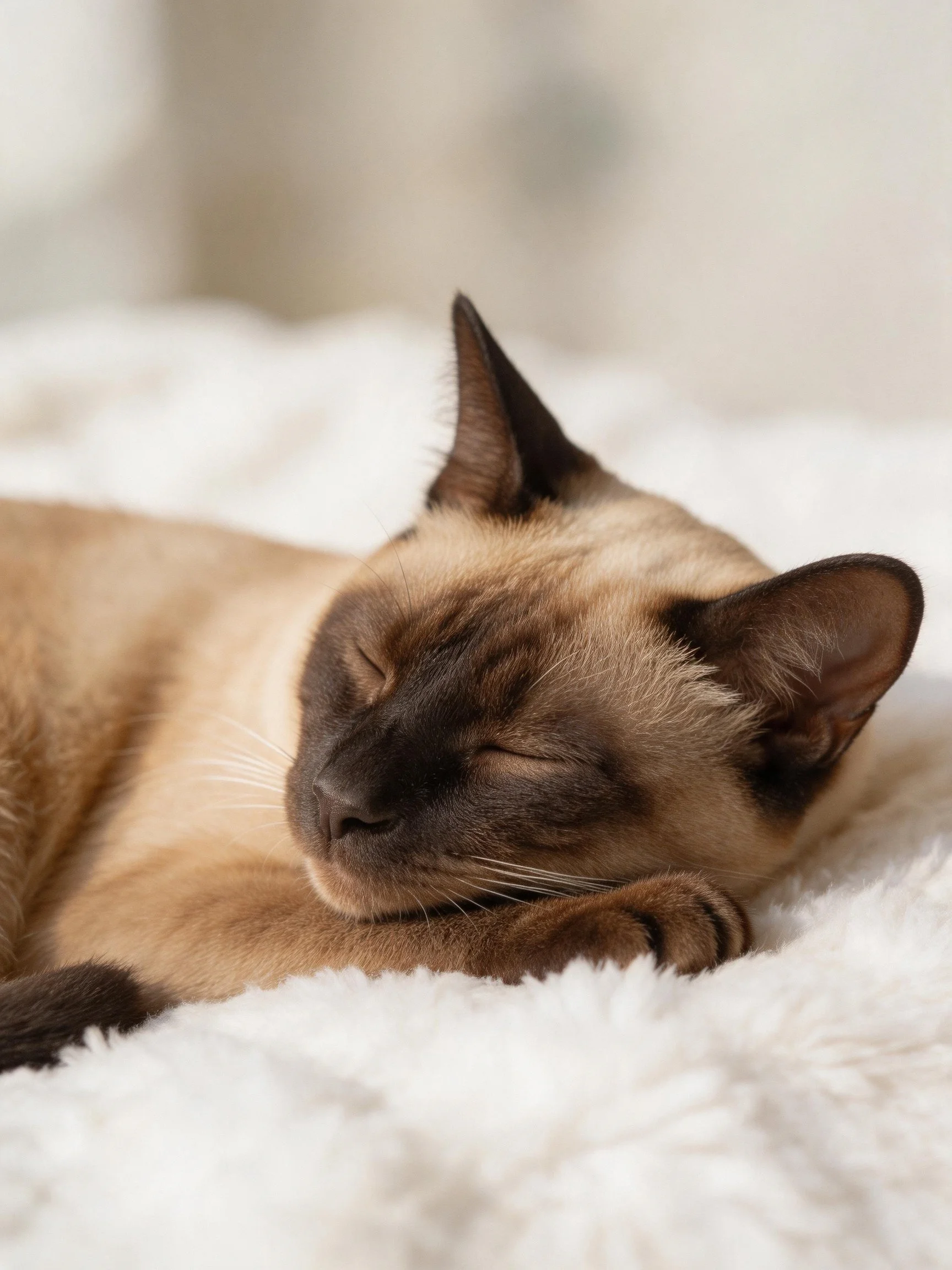 Siamese cat napping on plush white blanket