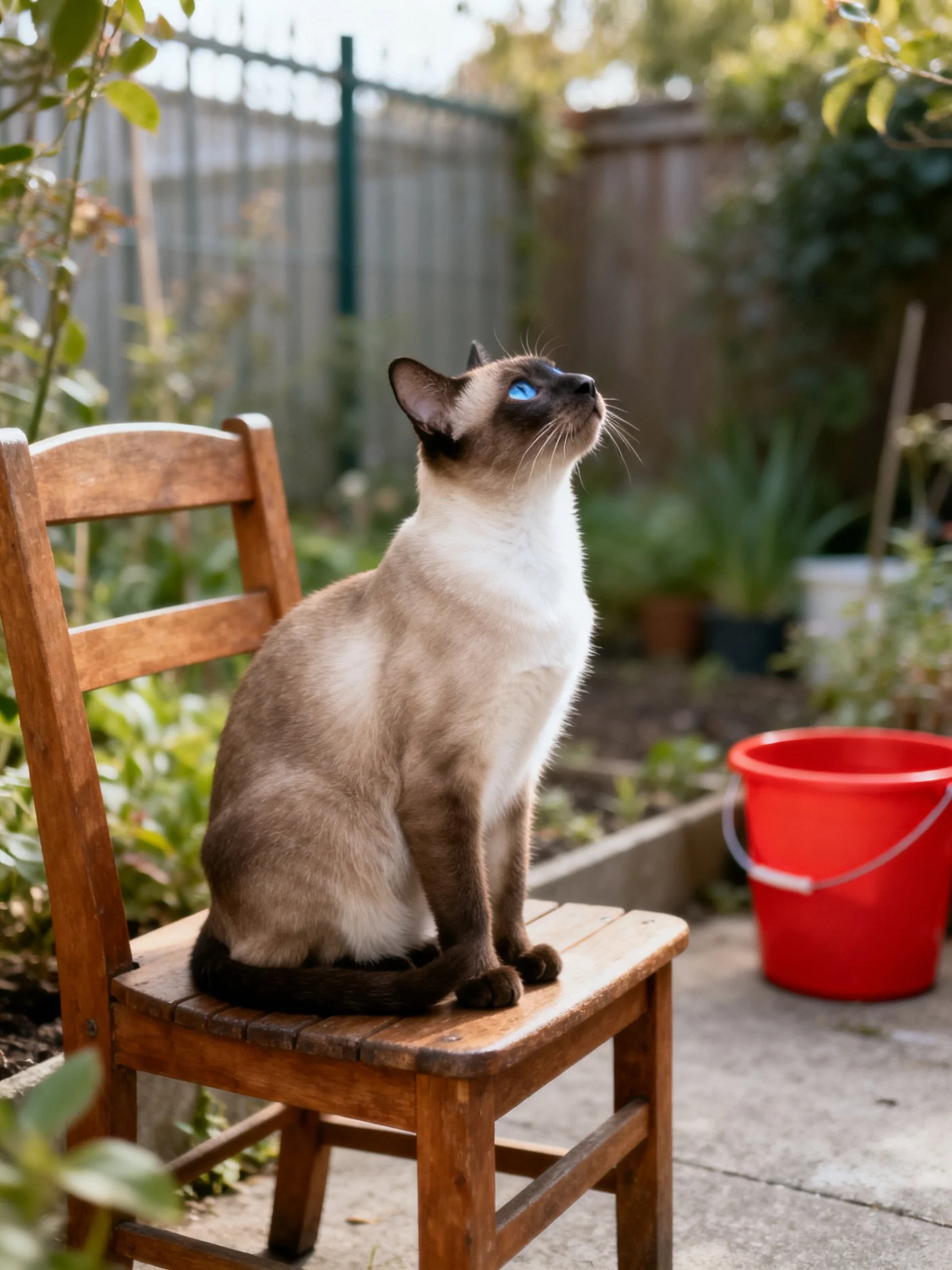 Siamese cat sits on wooden chair near red bucket in garden